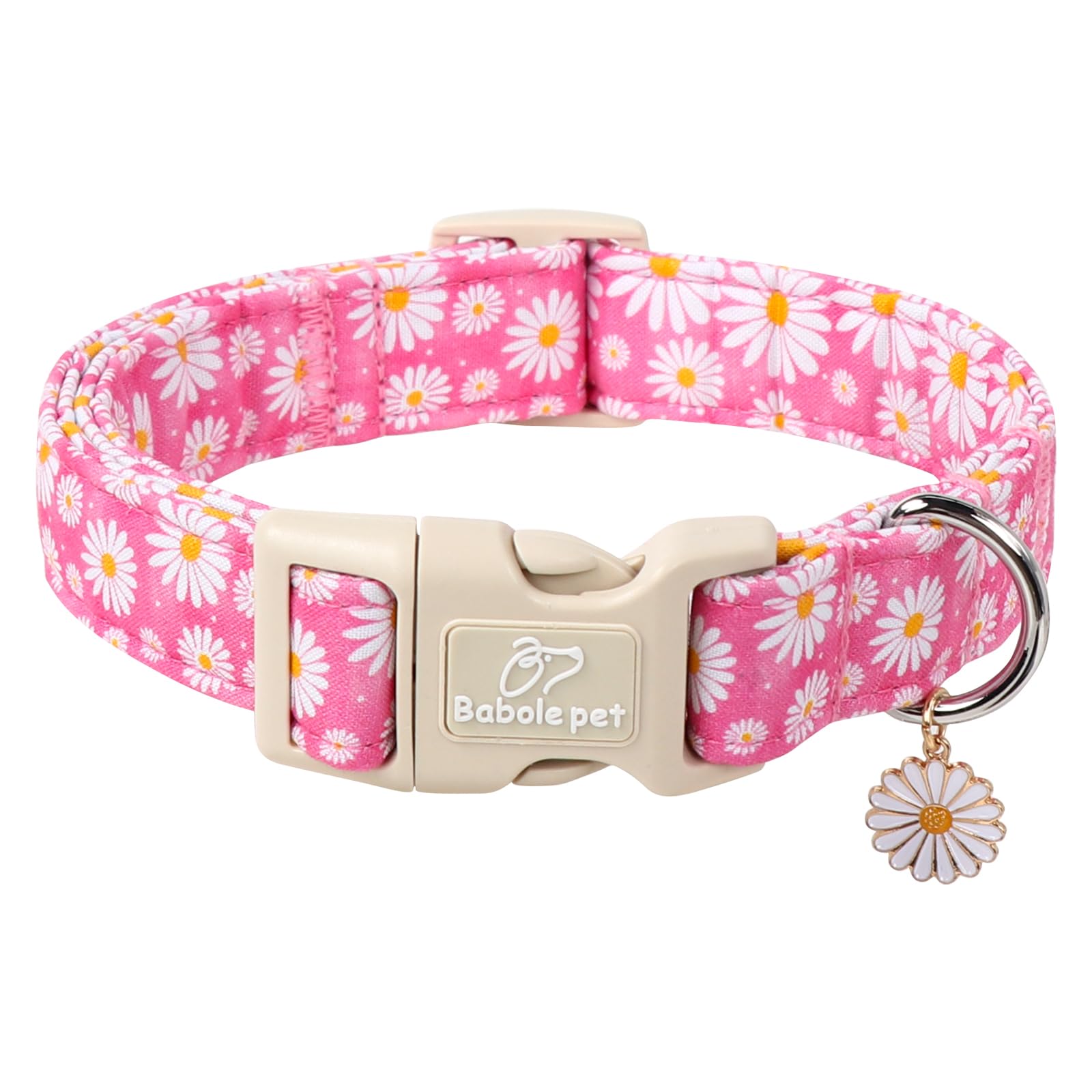 Babole Pet Summer Daisy Dog Collar, Cute Floral Adjustable Pink Dog Collars For Giant Large Dogs, Lightweight Quick-Release Buck