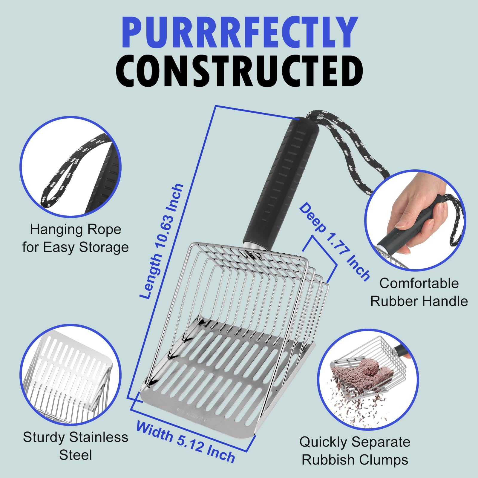 Faoemsey Cat Litter Scoop, Solid and Durable Kitty Metal Scooper, Stainless Steel Sifter, Heavy Duty, for Litter Box, Black Rubb