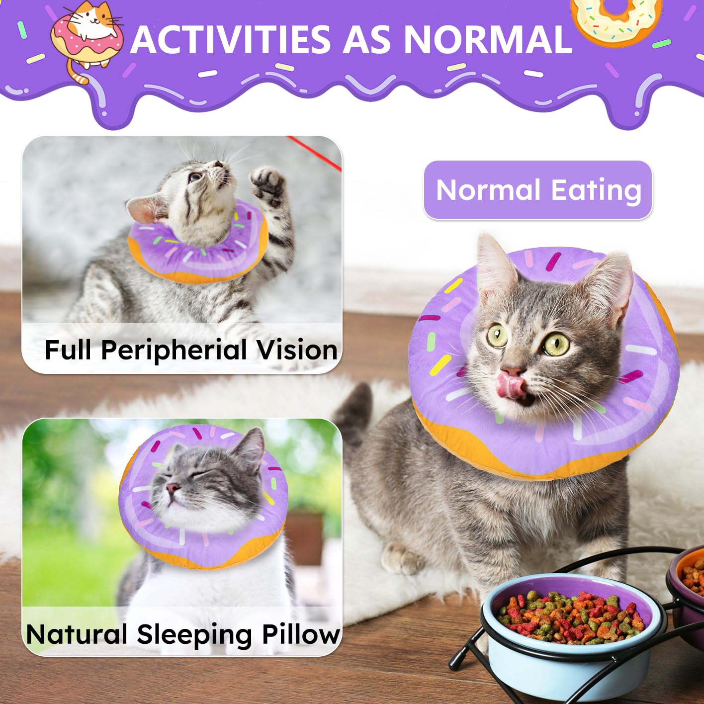 Cat Cone Collar Soft, Cat Recovery Collar for Wound Healing Cute Donut Adjustable Kitten Cones to Stop Licking Comfortable Light