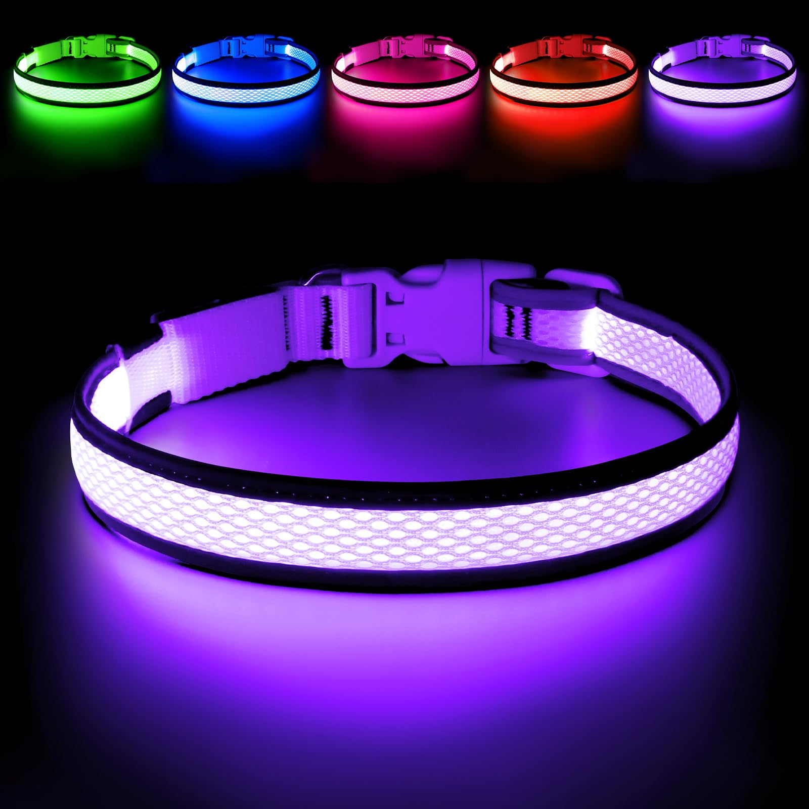 Flashseen Led Dog Collar, Light Up Dog Collar Light Usb Rechargeable, Adjustable Comfortable Soft Mesh Safety Dog Collar For Sma