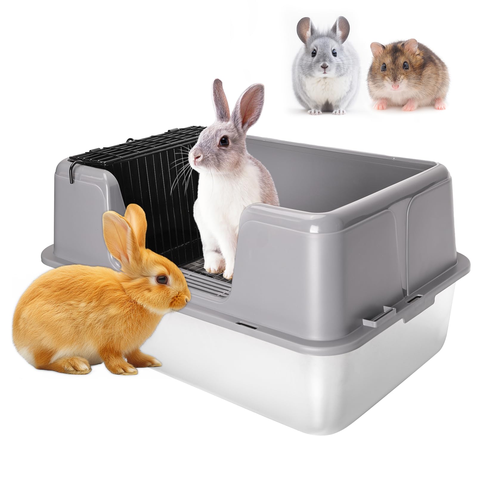 Zuqqony Rabbit Litter Box, Xl Stainless Steel Rabbit Litter Box With Lid, Hay Feeder With Hooks, Footed Metal Grid, Easy To Clea