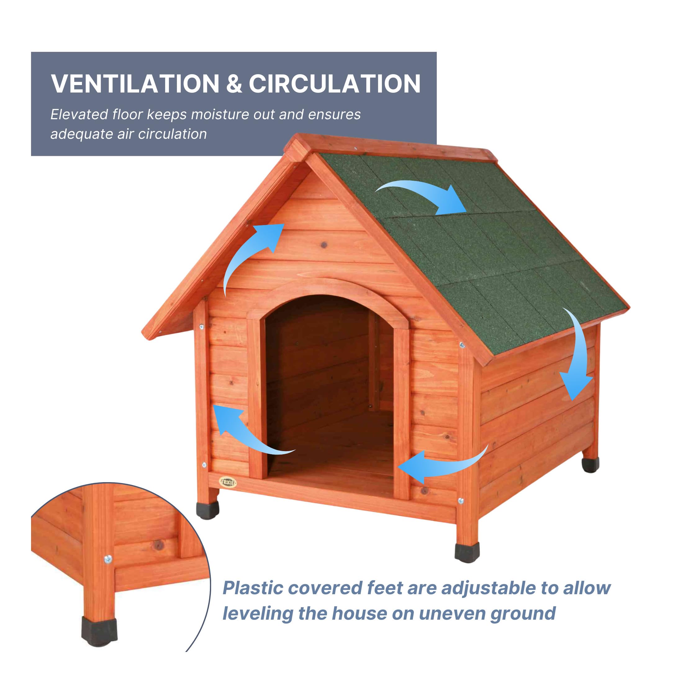 Trixie Natura Cottage Dog House – Outside Dog House For Large Dogs With Weatherproof Sealer & Peaked Roof, Wooden Dog House With Adjustable Legs For Large Dogs – 40 X 33 X 34.5 In