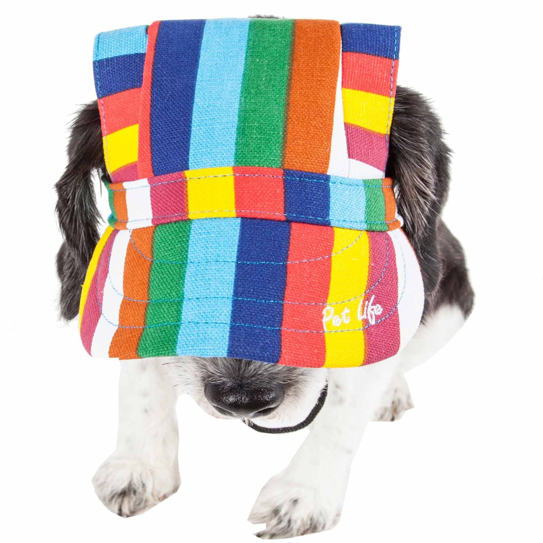 Pet Life ® 'Colorfur' Rainbow Patterned Dog Hat With Uv Coverage Protection - Provides More Shade Than A Dog Banadana - Features Ear Holes And Adjustable Jaw-Strings For Quick Slip-On Access