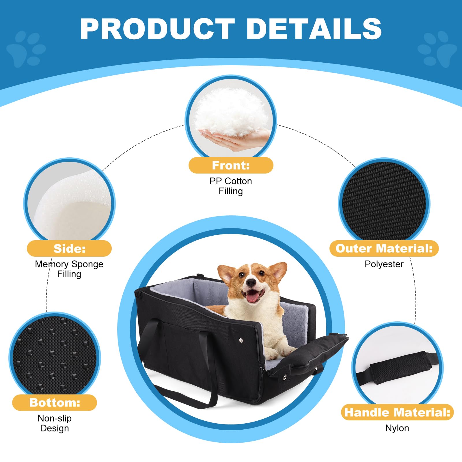 Center Console Dog Car Seat for Small Dogs Up to 12lbs, Detachable Armrest Pet Seat with Adjustable Straps & Storage Pocket (Bla