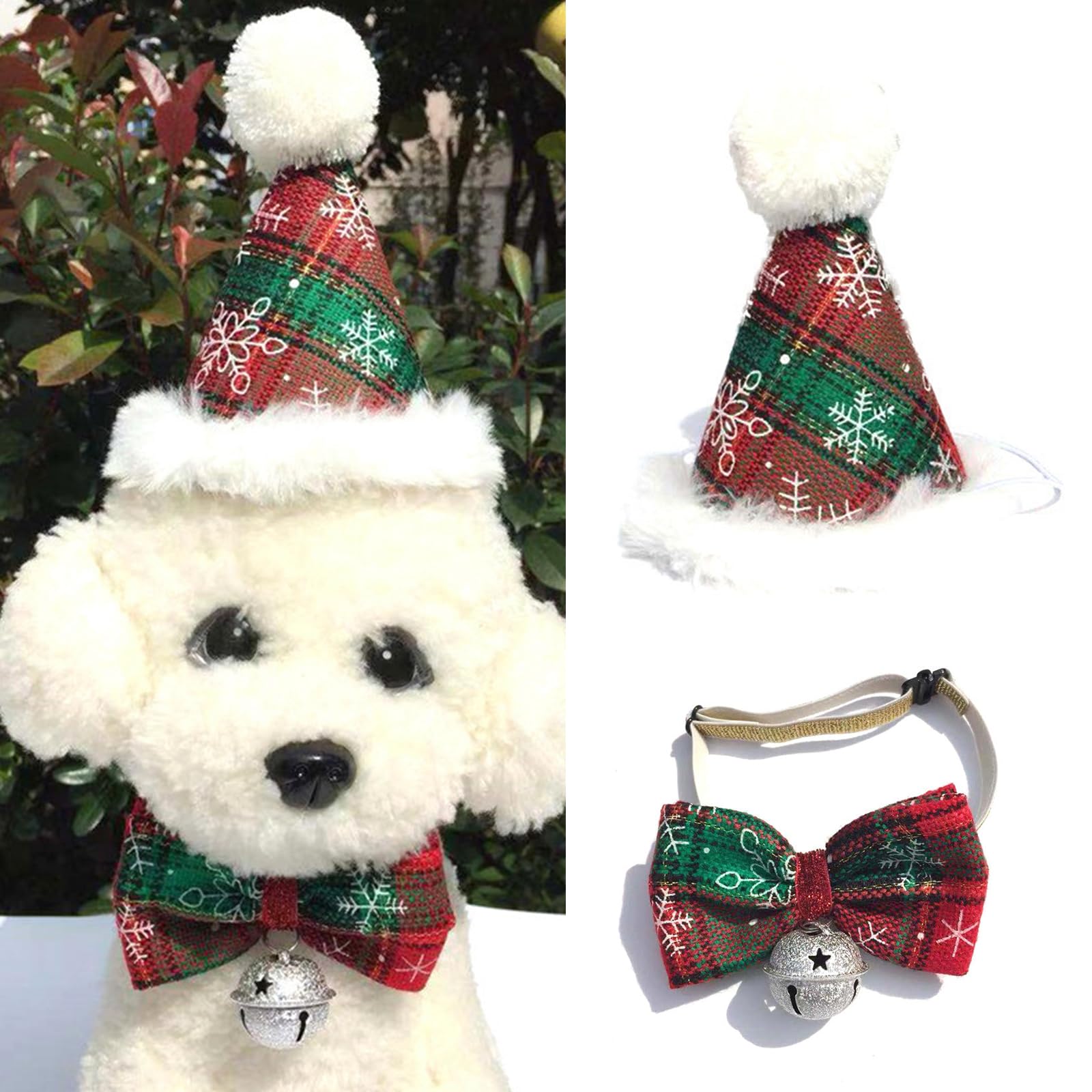 Generic Christmas Dog Cat Pets Caps Tie Small Pets Snowflake Hats Bowties Sets Snowflake Pattern Red Green Holiday Cat Party Hat