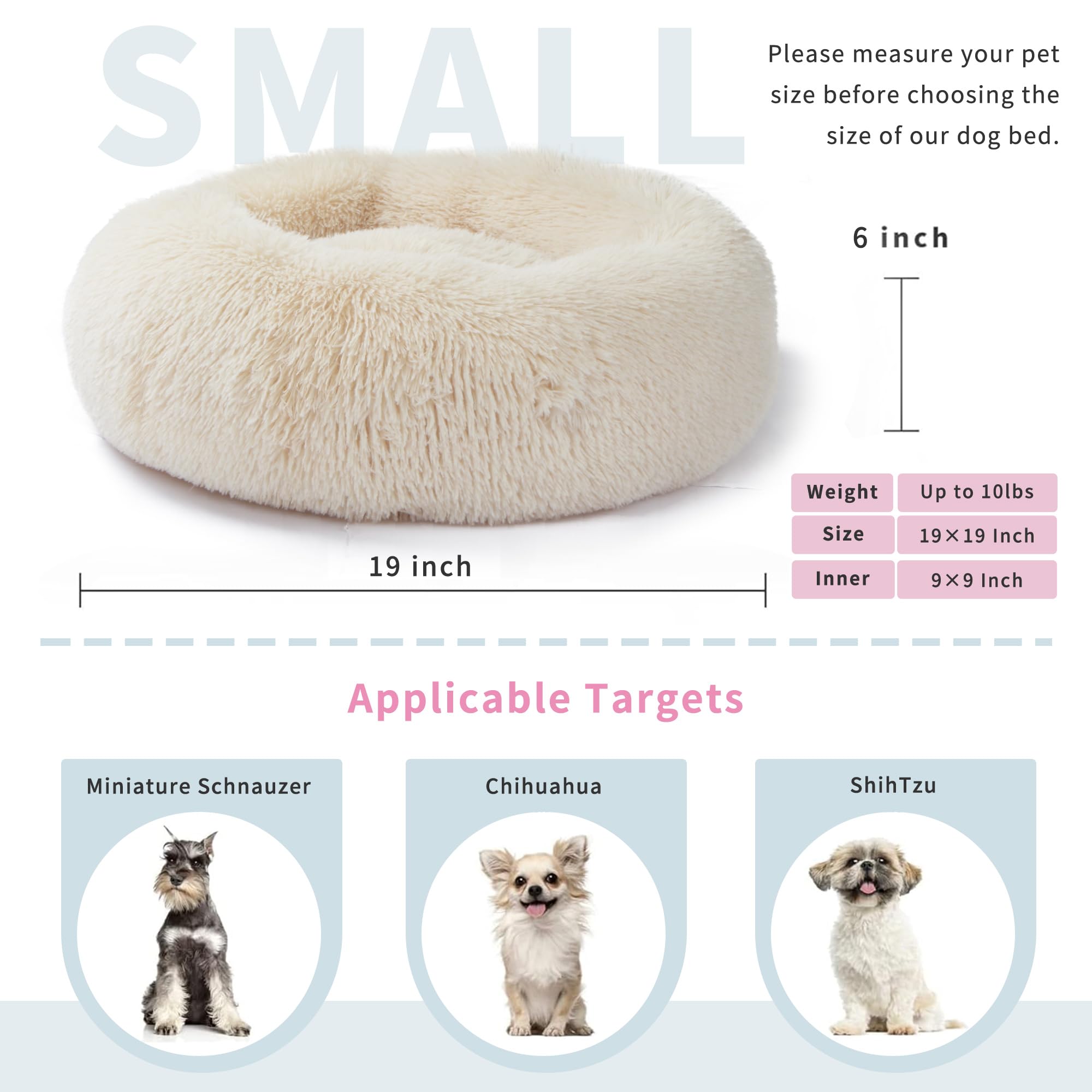 Small Dog Bed White Cream,Calming Dog Bed for Small Dogs,19 inches Donut Fluffy Pet Beds,Anti Anxiety Round Fits up to 10 lbs So