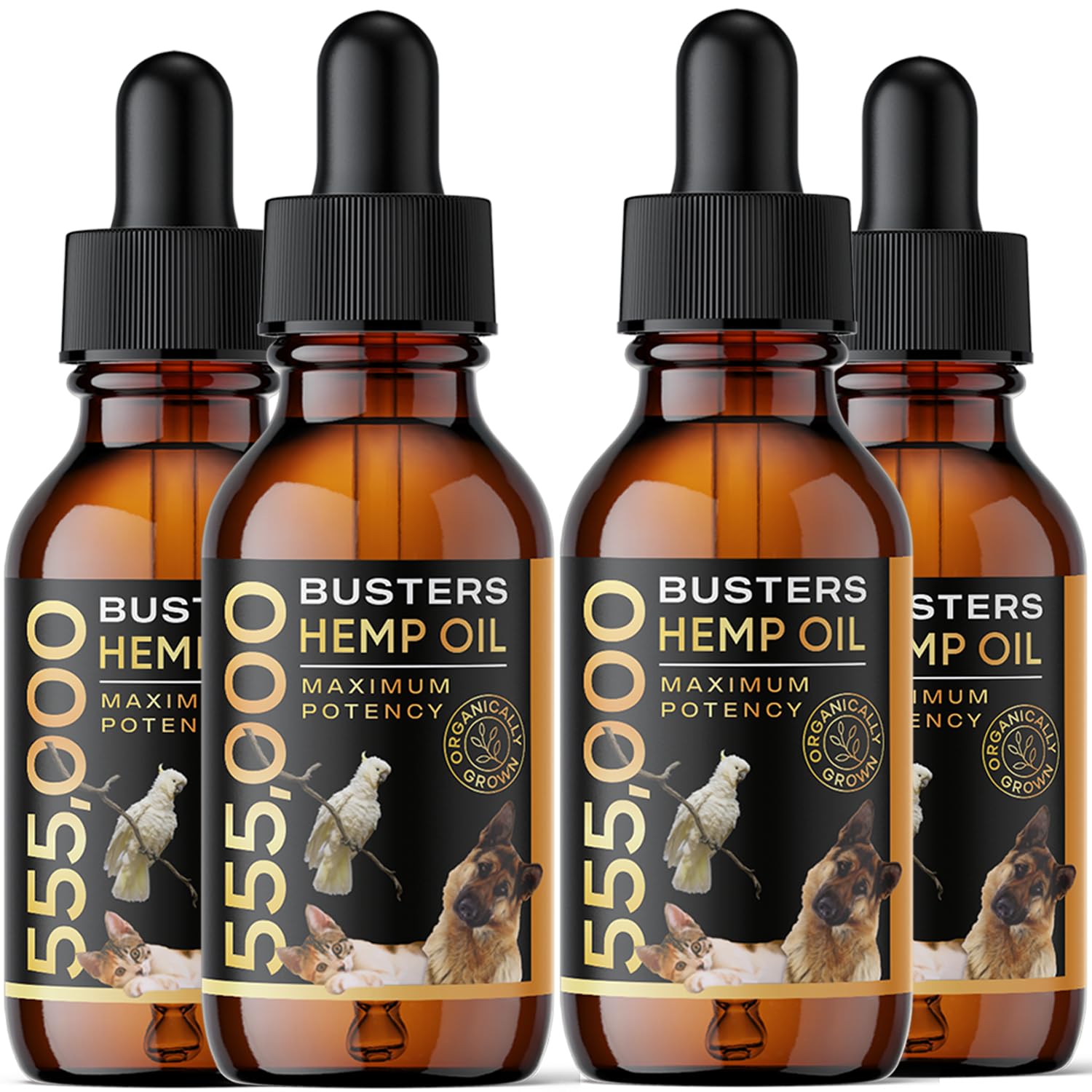 K2xLabs Busters Organic Hemp Oil for Dogs and Pets, 4PACK-8MTH-supply, 555,000 Max Potency, Large 60ml Bottle, Made in USA - Mi