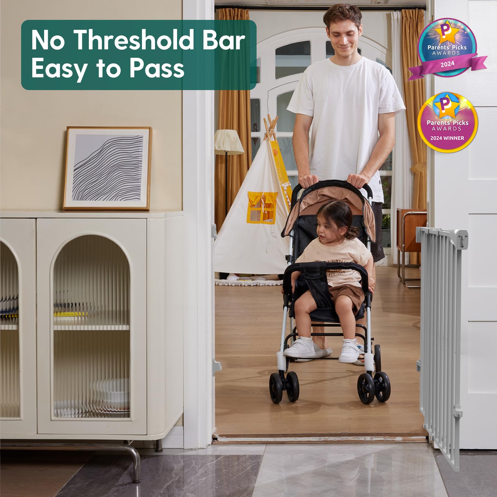 BABELIO 2-in-1 Baby Gate, 26-43" W, 28" H, Gray Alloy Steel, Hardware Mount, Large Walk Thru Door for Babies, Elders,