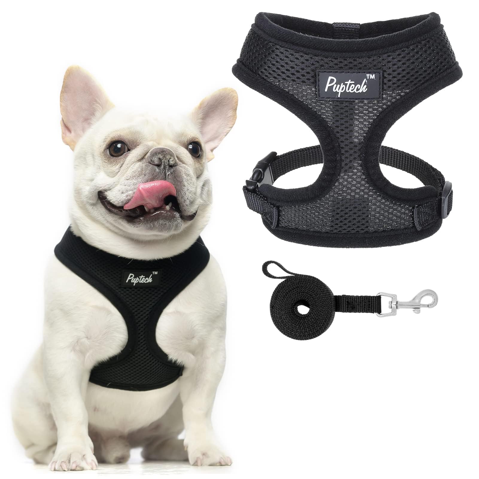 Pupteck Soft Mesh Dog Harness And Leash Set Pet Puppy Cat Comfort Padded Vest No Pull Harnesses, Solid Black, S