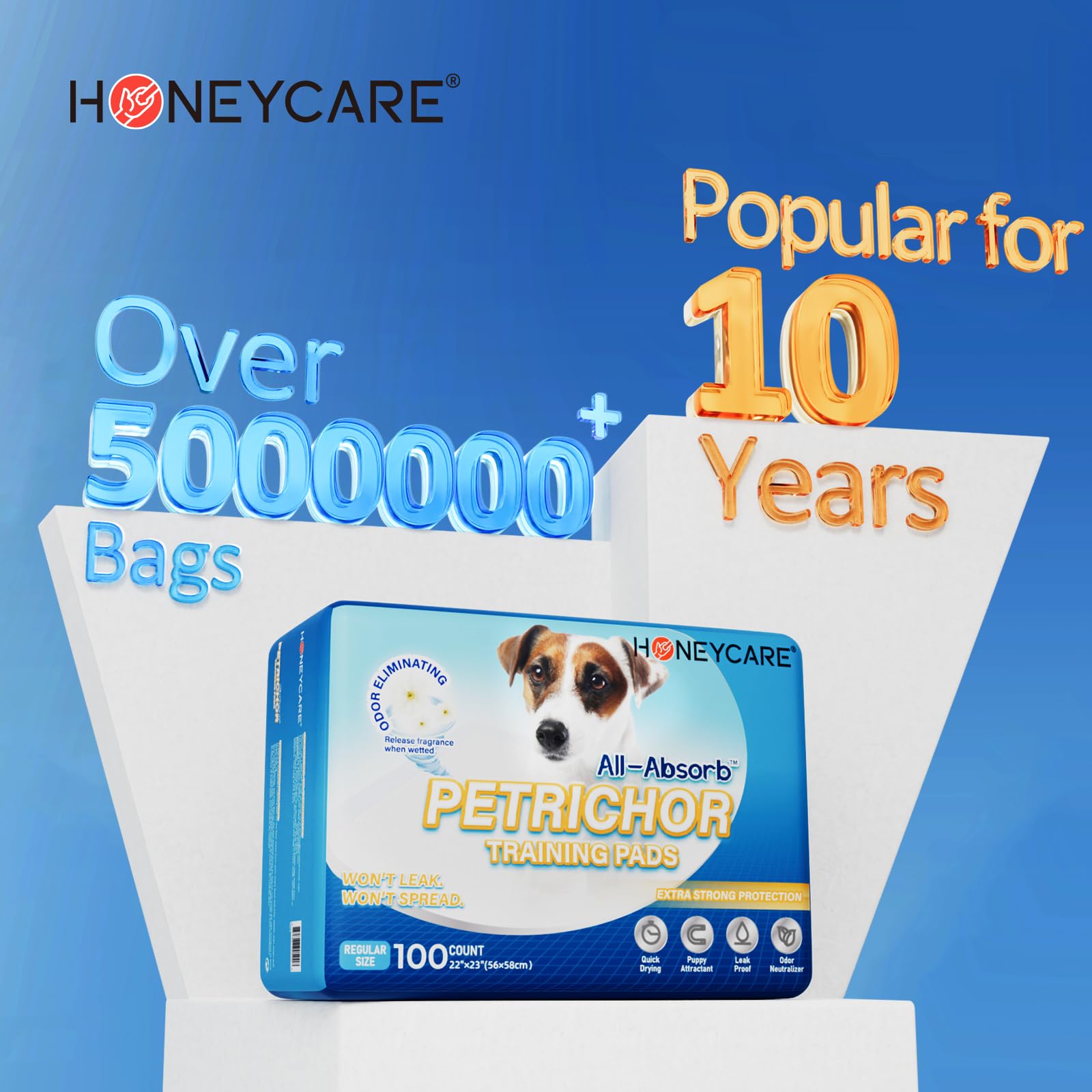 Honey Care All-Absorb, Large 22' X 23', 100 Count, Dog And Puppy Training Pads, Ultra Absorbent And Odor Eliminating, Leak-Proof 5-Layer Potty Training Pads With Quick-Dry Surface, Blue, A01