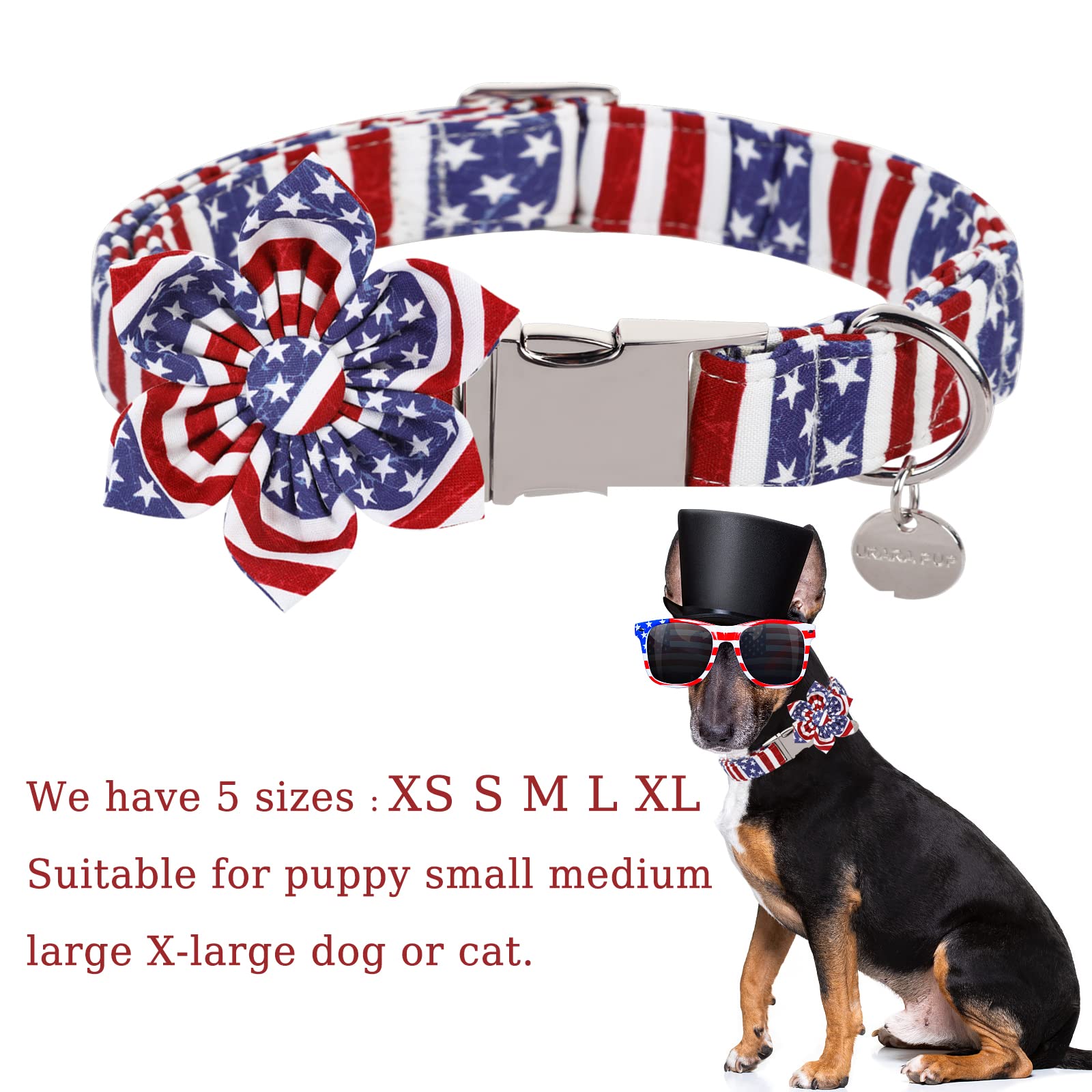 Up Urara Pup Dog Collar With Flower, 4Th Of July Comfortable Cotton Dog Collar, American Flag Collar For Medium Girl Dog, Patrio