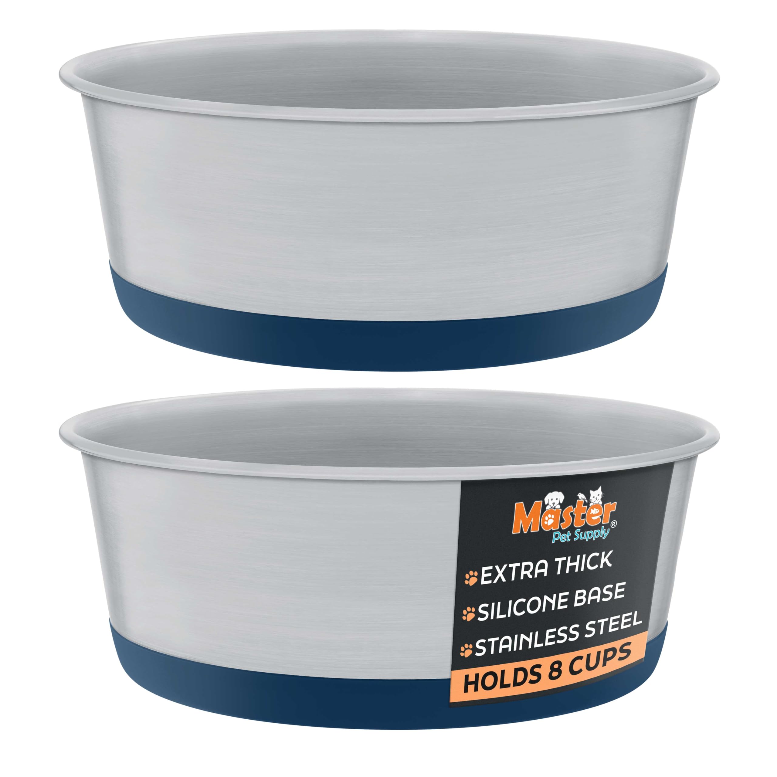 Master Pet Supply Stainless Steel Dog Bowls Set of 2 with Extra Thick Silicone Base - 8 Cup (64 oz) Navy Blue, Non-Slip, Dishwas