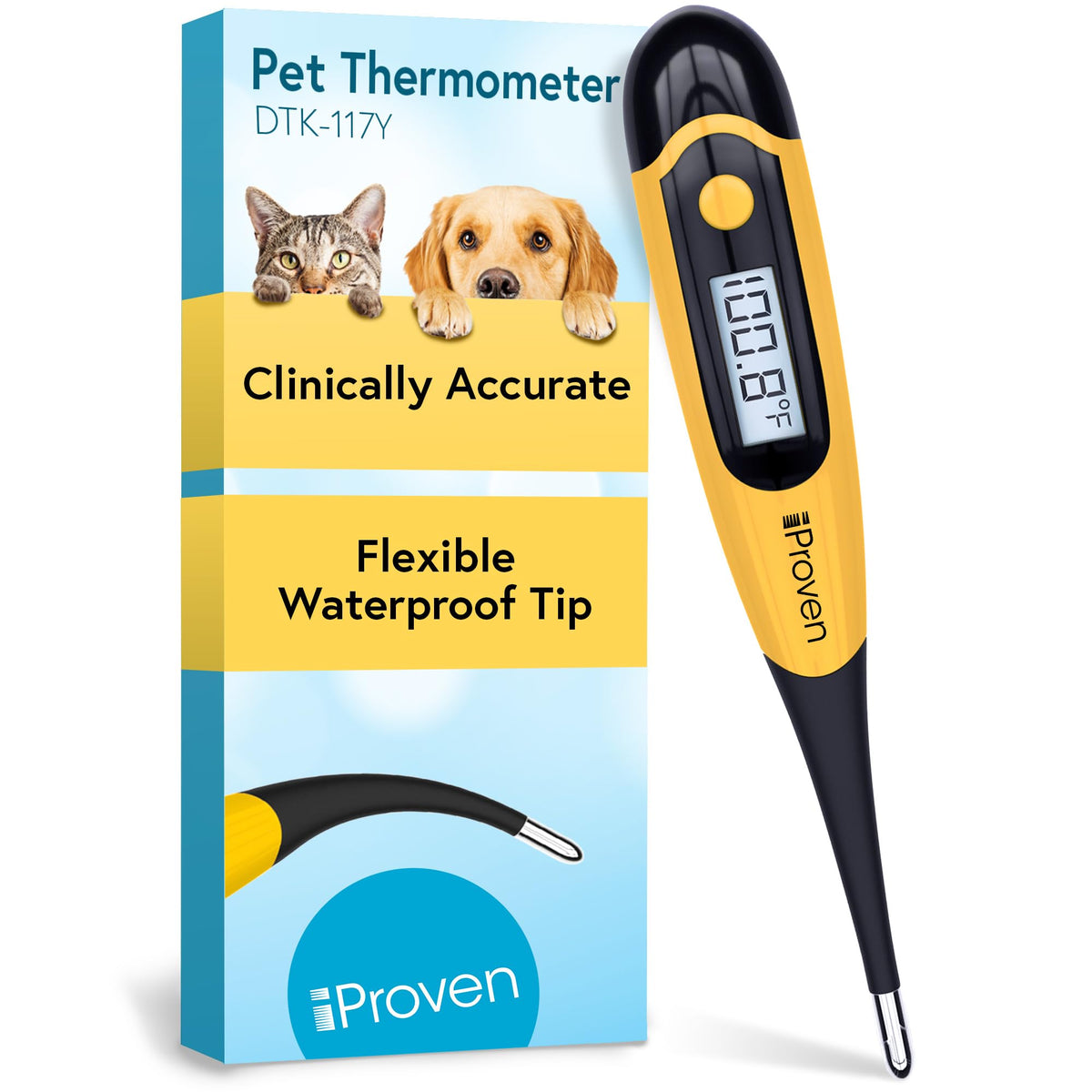 Iproven Dog & Cat Thermometer For Accurate Fever Detection, Comfortable Flexible Tip, Waterproof Pet Thermometer, Fast Readings In 20 Sec, Whelping And Veterinary Supply, Dtk-117Y