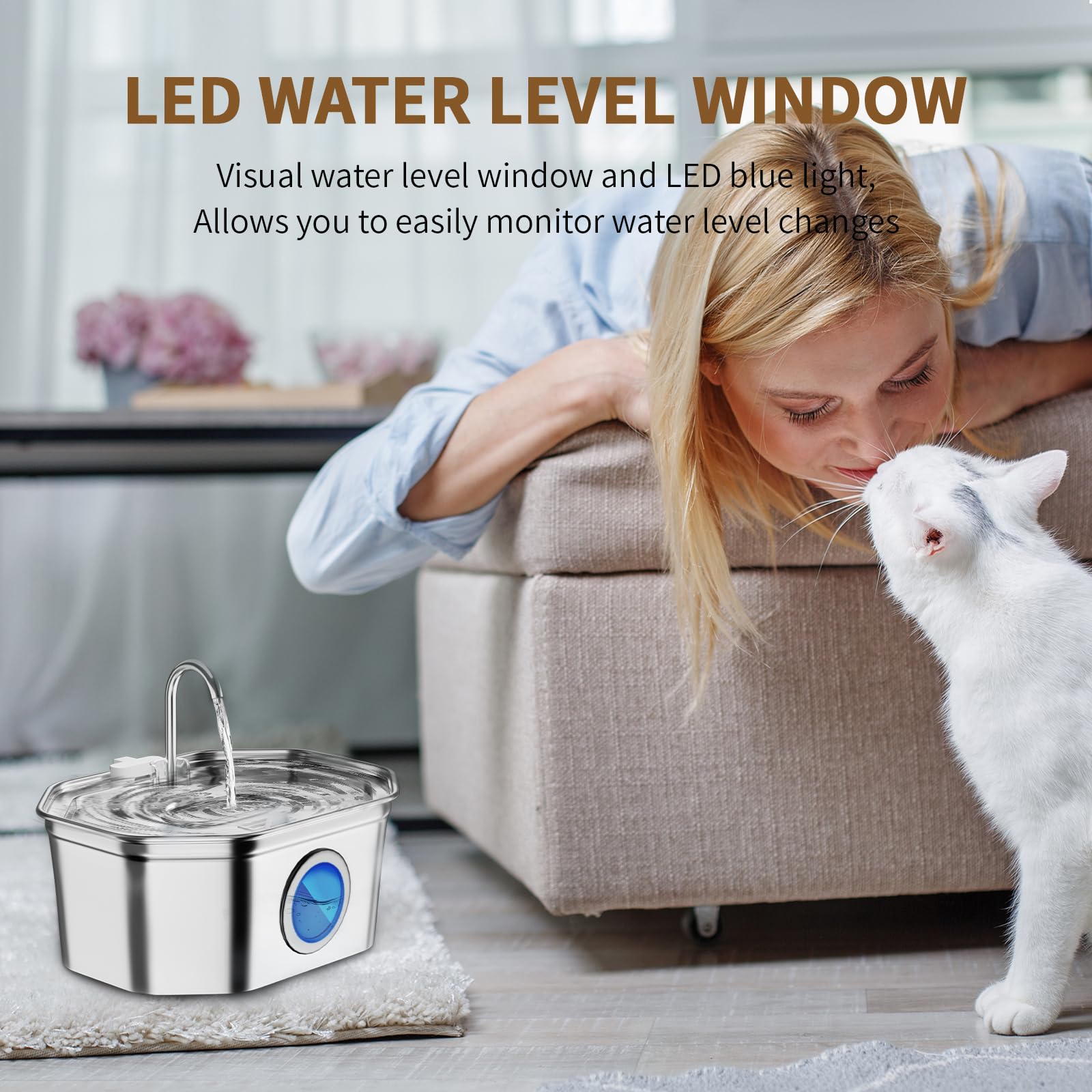 Cat Water Fountain Stainless Steel 108Oz/3.2L, Apauk Automatic Pet Fountain Dog Water Dispenser With Water Level Window, Quiet C