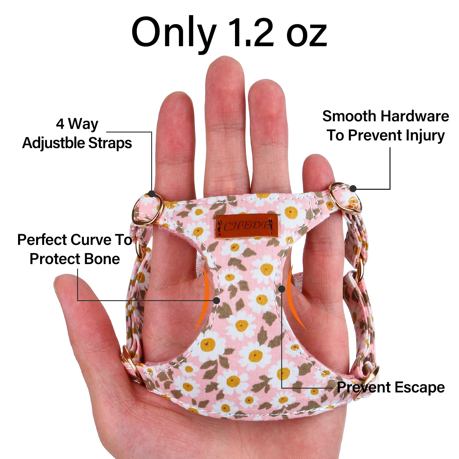 Chede No Pull Floral Pattern Dog Harness- Lightweight, Soft, Adjustable Small Harness And Leash Set, Suitable For Puppy Small And Medium-Sized Dog (Xs, Pink Daisy)