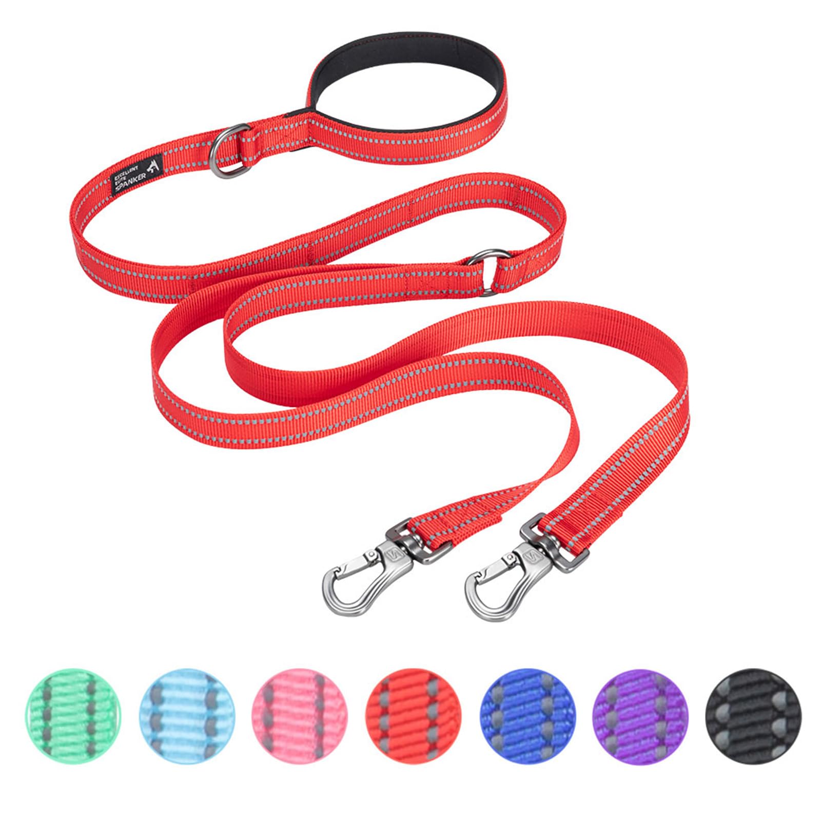 Excellent Elite Spanker Reflective Dual Leash - 5Ft Double Dog Leash With Padded Handle For Two Dogs Walking & Training (Red)