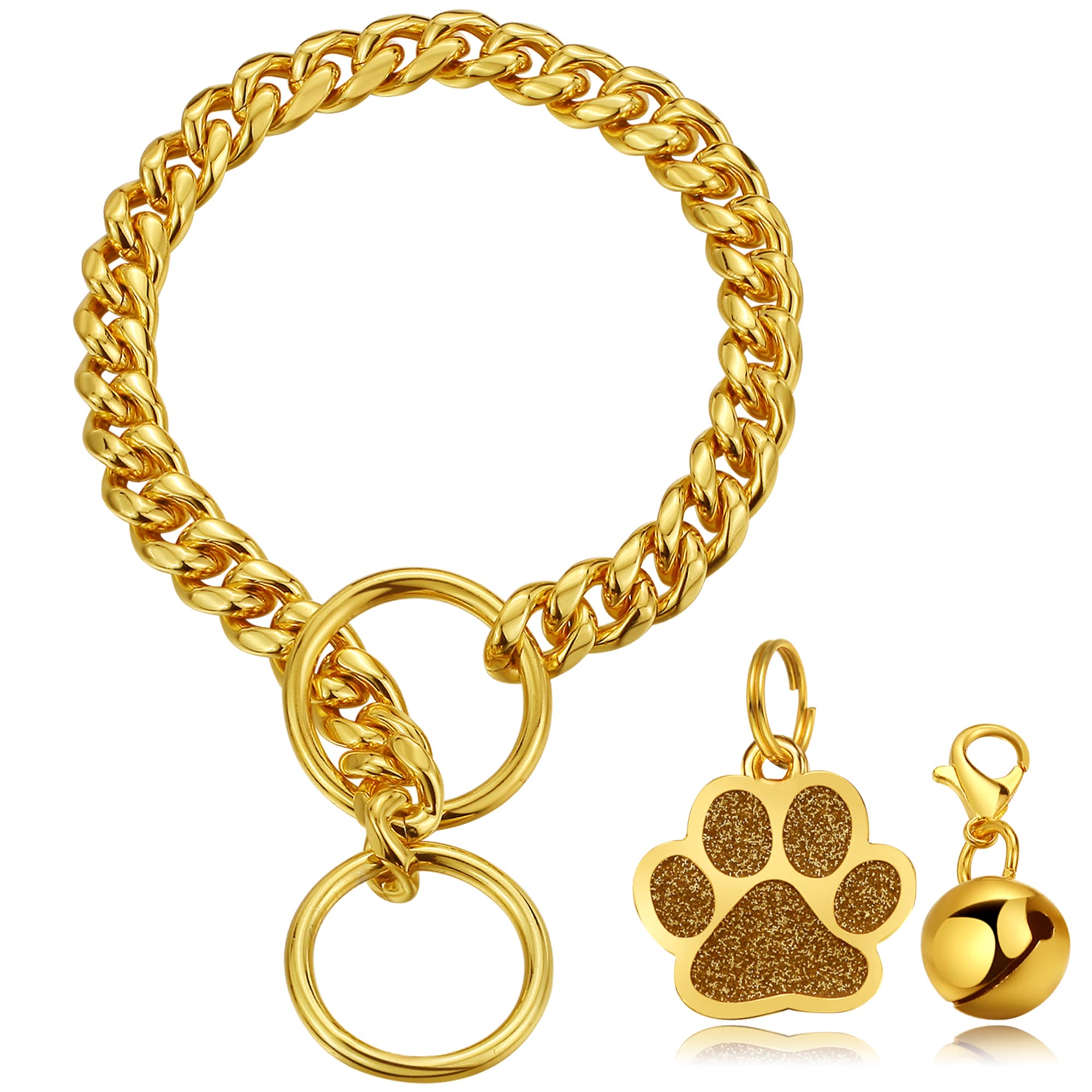 Luxlife Gold Cuban Link Dog Collar, 10Mm Stainless Steel, 5 Layer 18K Gold Plated, 'O' Lock, Bell & Bone Tag, Small To Large Dog