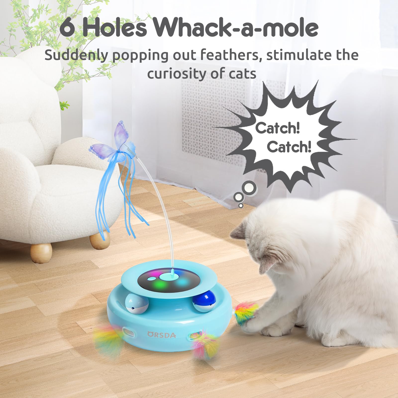 Orsda 3-In-1 Cat Toys Rechargeable, Interactive Cat Toys For Indoor Cats Automatic Kitten Toy, Moving Ambush Feather, Fluttering