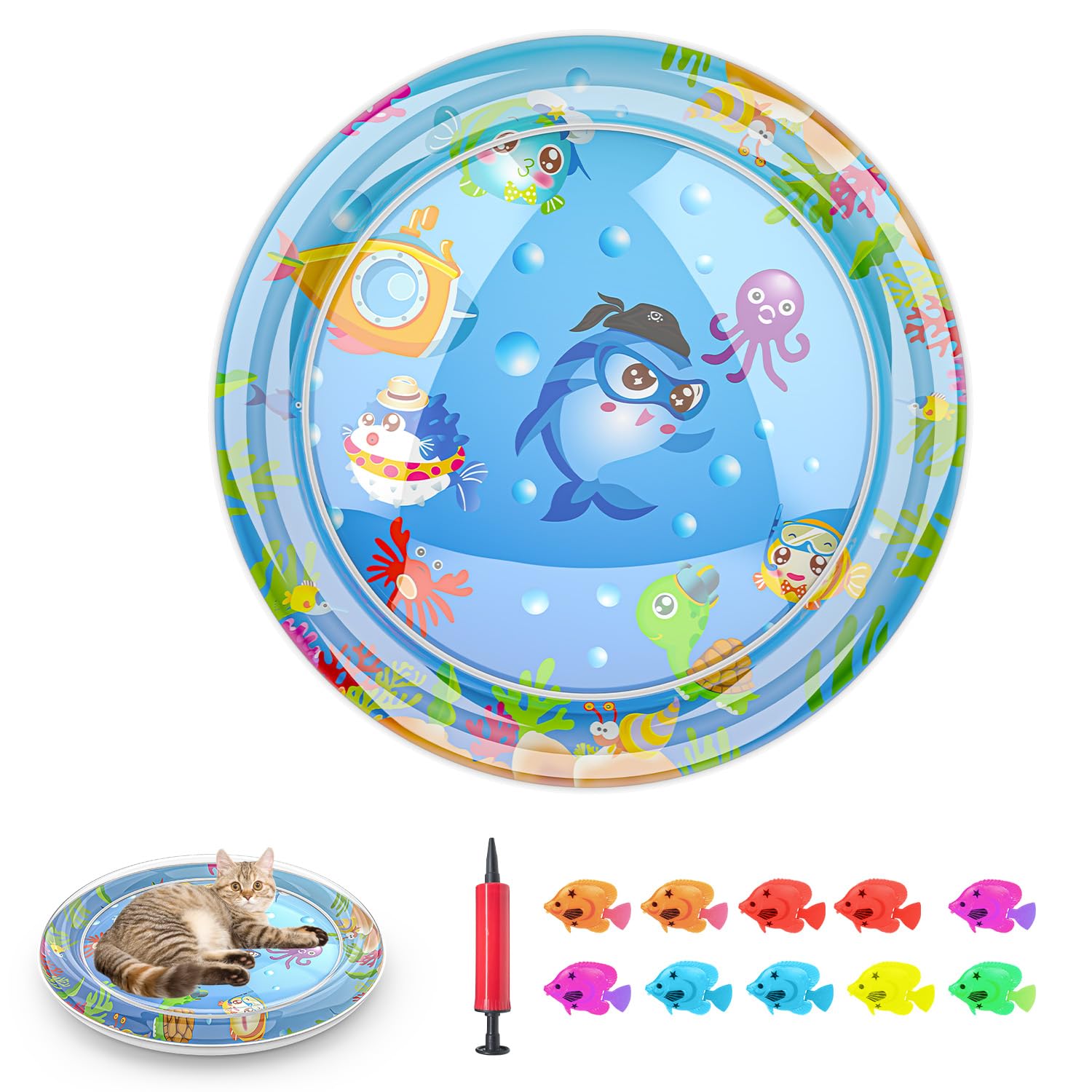 Baoyemes Cat Dog Water Mat, [2025 Newly Upgraded, Two Layers & Thickened] Ocean Themed Round Sensory, Non-Slip Playmat, Floating