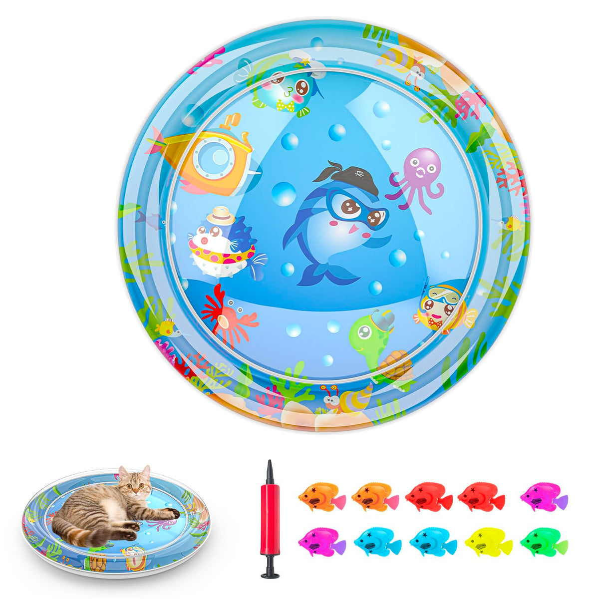Baoyemes Cat Dog Water Mat, [2025 Newly Upgraded, Two Layers & Thickened] Ocean Themed Round Sensory, Non-Slip Playmat, Floating