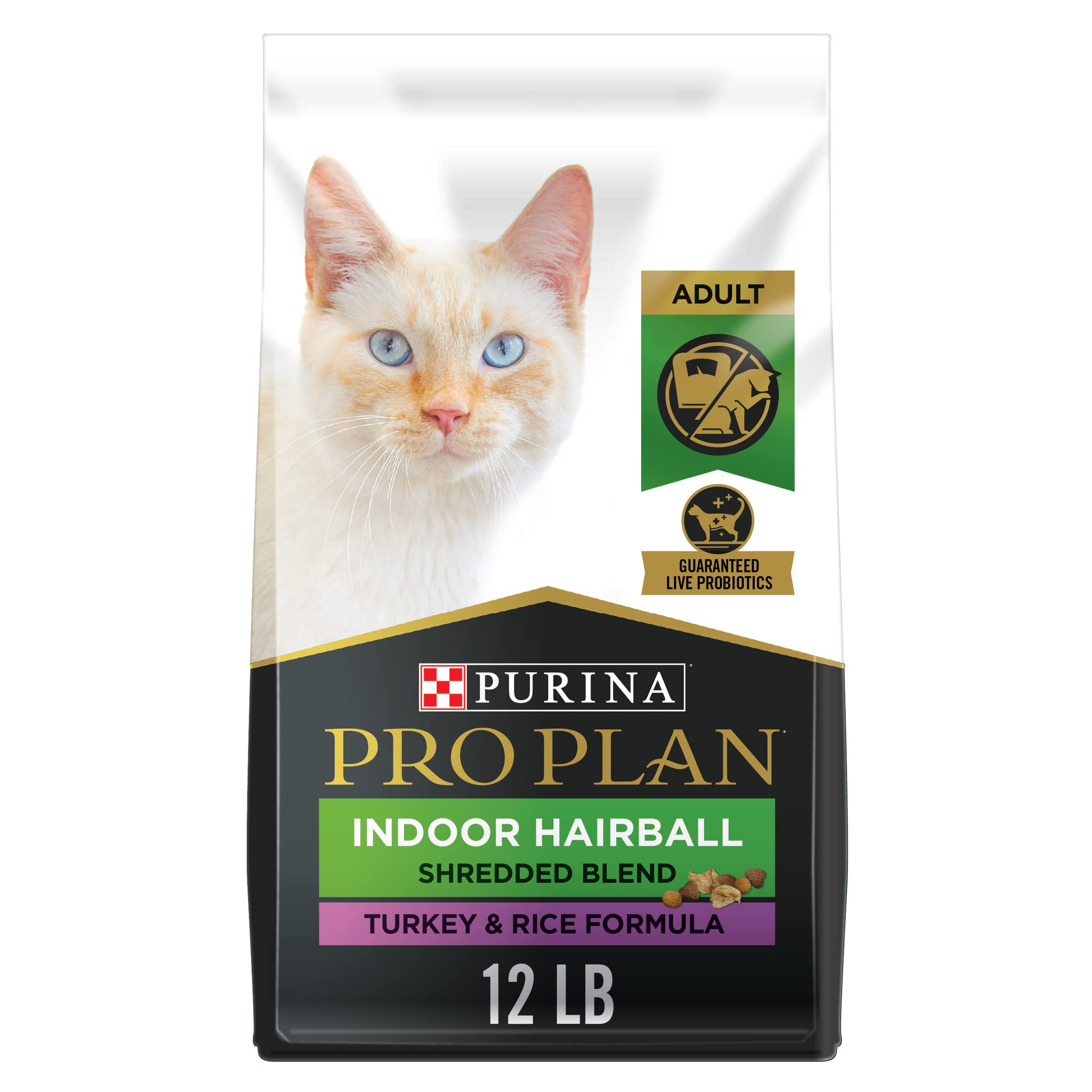 Purina Pro Plan Hairball Management, Indoor Cat Food, Shredded Blend Turkey and Rice Formula - 12 lb. Bag