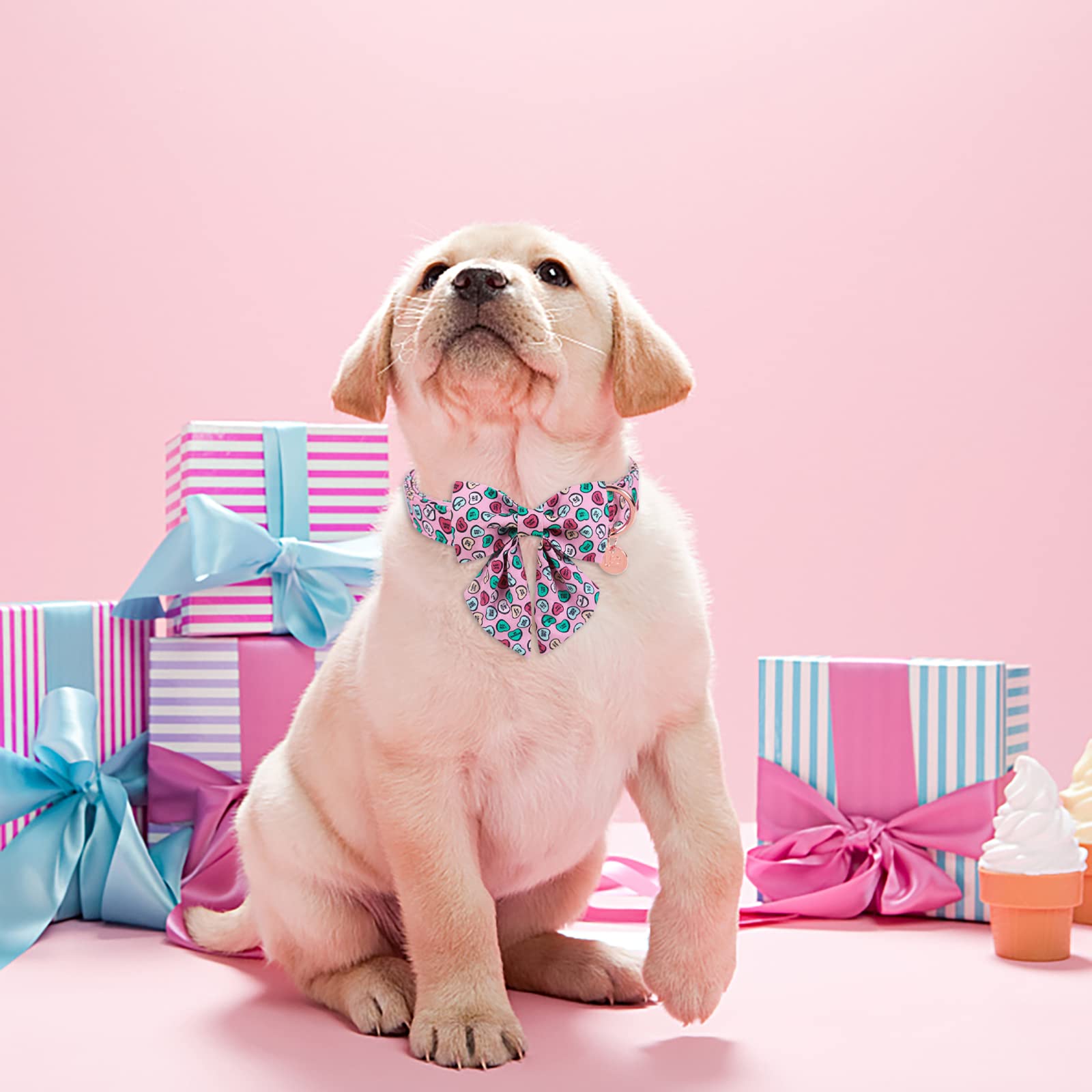 Up Urara Pup Valentine’S Day Dog Collar With Bow Tie, Valentine Bowtie Collar For Small Girl Boy Dog, Valentine’S Day & Wedding Gift Pet Collar, Cotton Pink Collar With Metal Buckle, S, Neck 10-16In