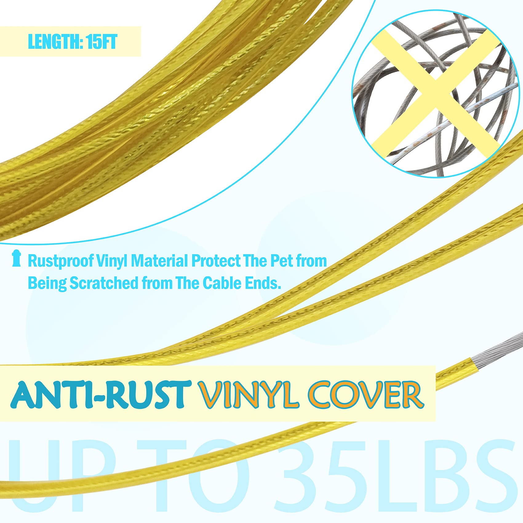 Petest Reflective Tie Out Cable for Small Dogs up to 35lbs, 15ft, Vinyl, Blue & Yellow