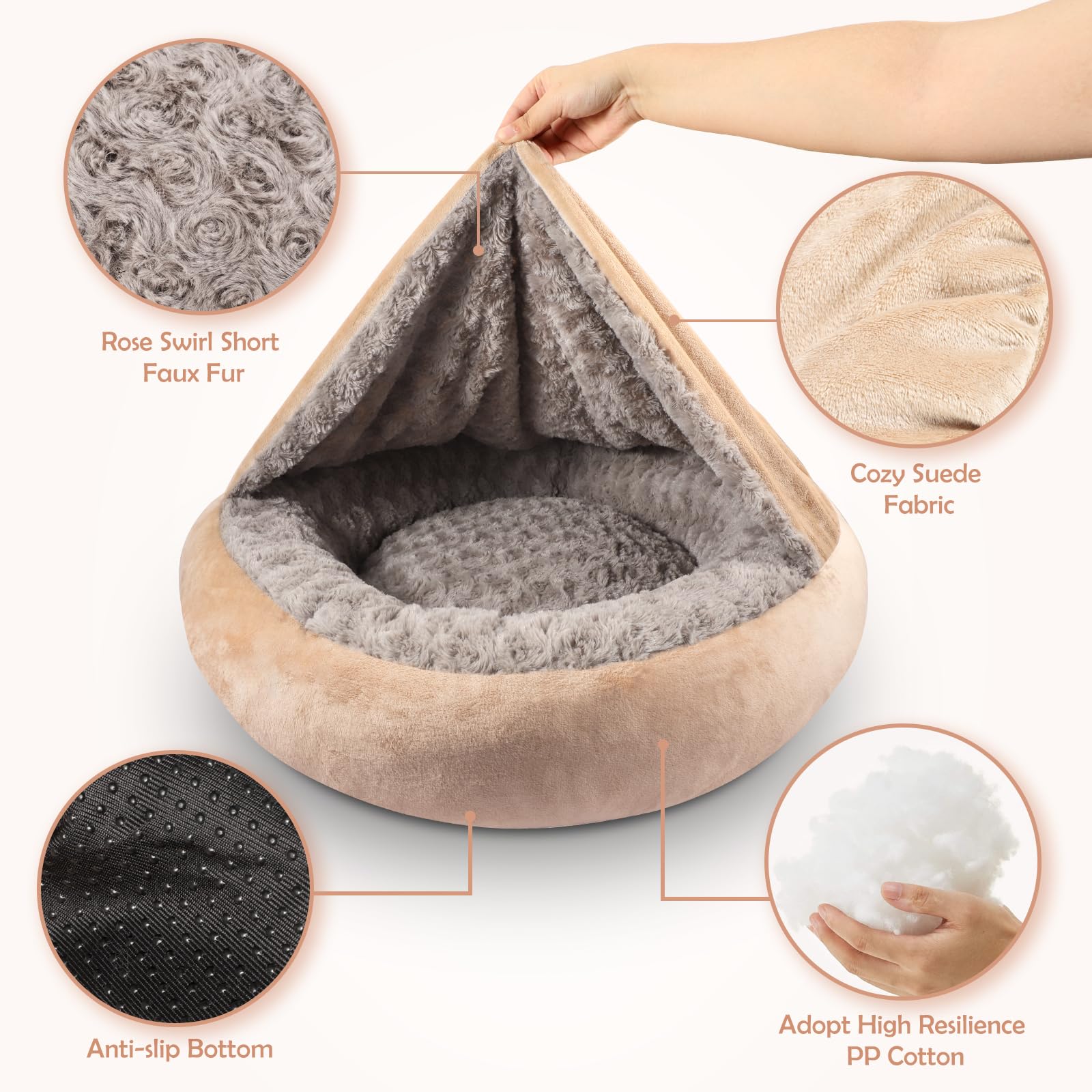 Joejoy Small Dog Cat Bed With Hooded Blanket, Cozy Cuddler Luxury Puppy Pet Donut Round Calming Anti-Anxiety Burrow Cave - Anti-
