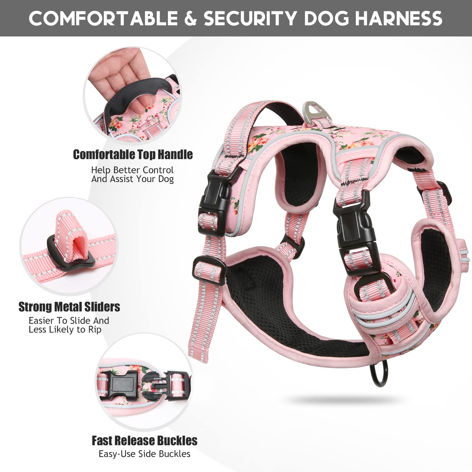 Timos No Pull Dog Harness,NO Need Go Over Dogs Head 3 Snap Buckles Reflective Oxford No Choke Harness with Front & Back 2 Metal