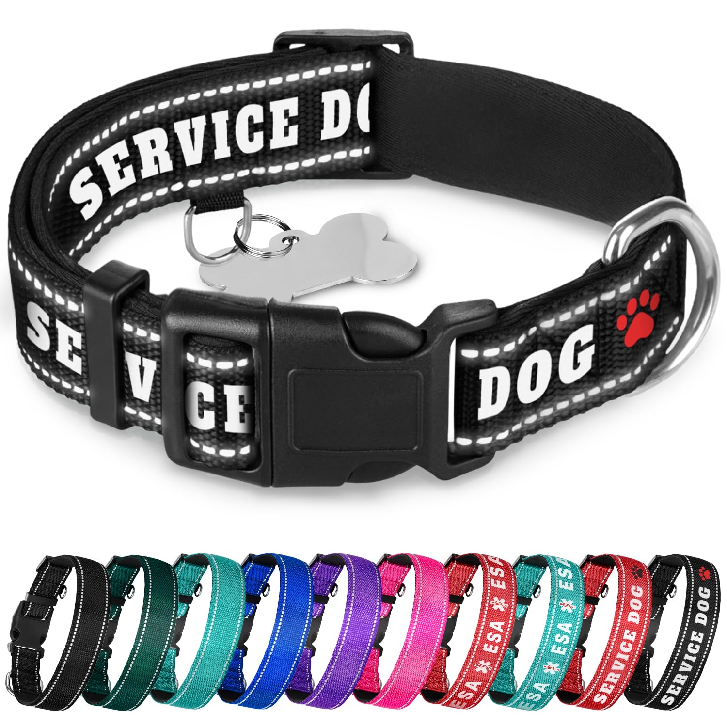 Teceum Reflective Pet Collar - Black - Service Dog - S - Extra Soft Padding - Basic Nylon Dog Collar - Quick Release Buckle - Fi
