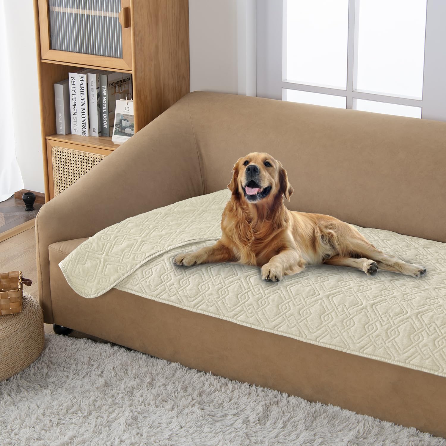 Fuguitex Waterproof Dog Bed Cover Dog Blanket For Pet Furniture Bed Couch Sofa Reversible Linen Texture(82''*82'',Cream+ Cream)