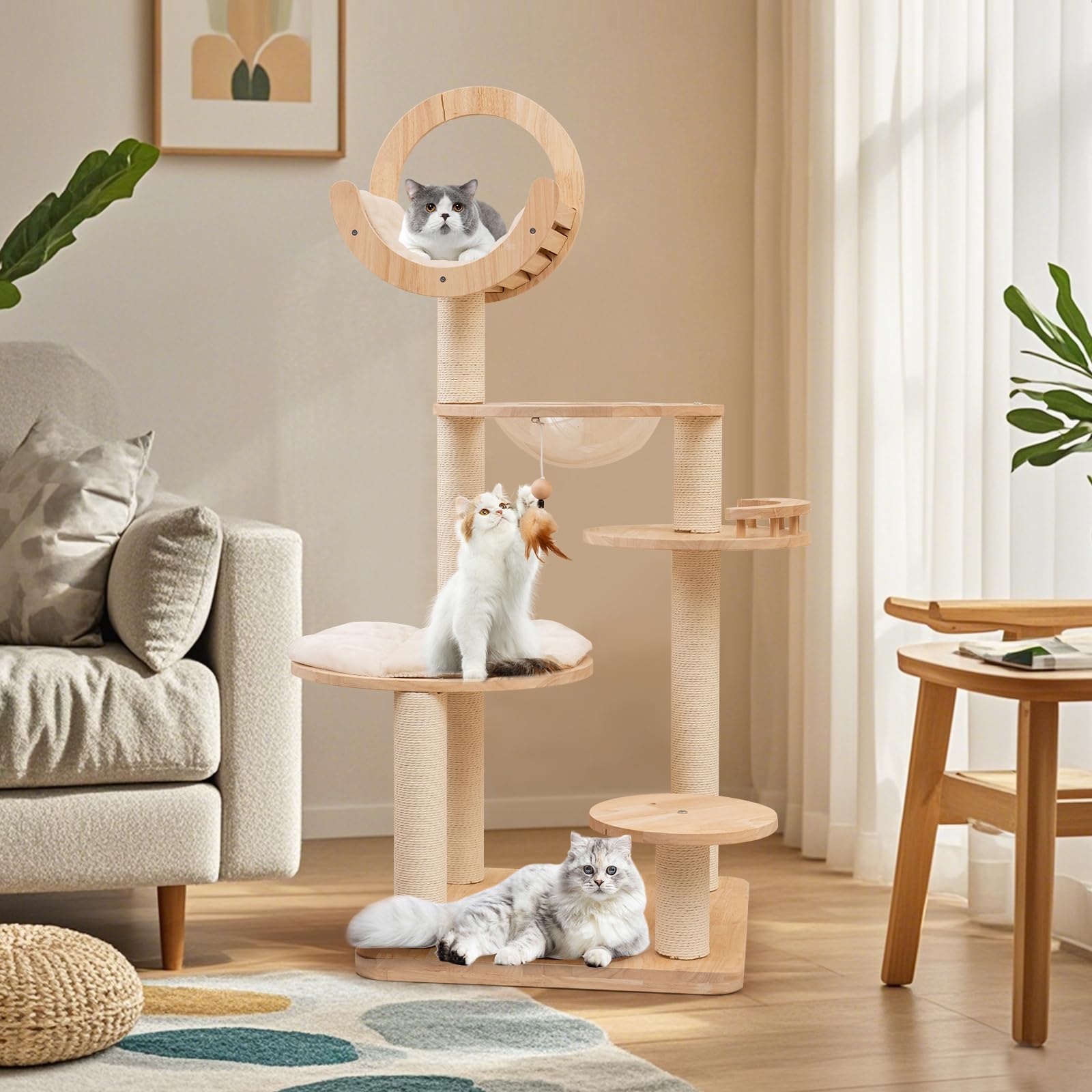 Petsite 57 Inches Tall Wooden Cat Tree, Multi-Level Cat Tower With Scratching Posts, Space Capsule Bed, Padded Platform And Hang