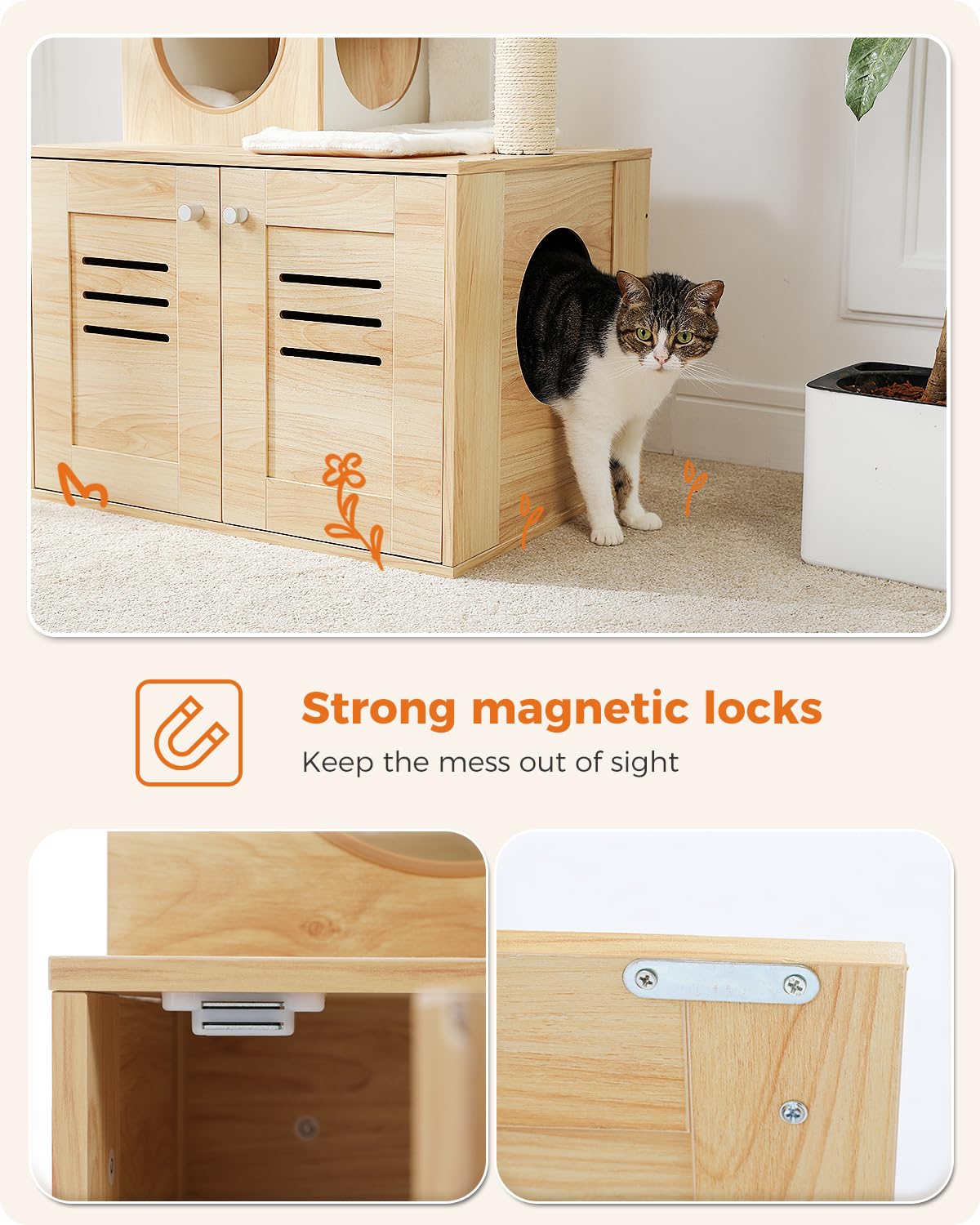 MUTTROS Cat Tree with Litter Box Enclosure, 50 Modern Cat Tree for Large/Fat Cats with Cat Condo, Wooden Cat Furniture with Larg