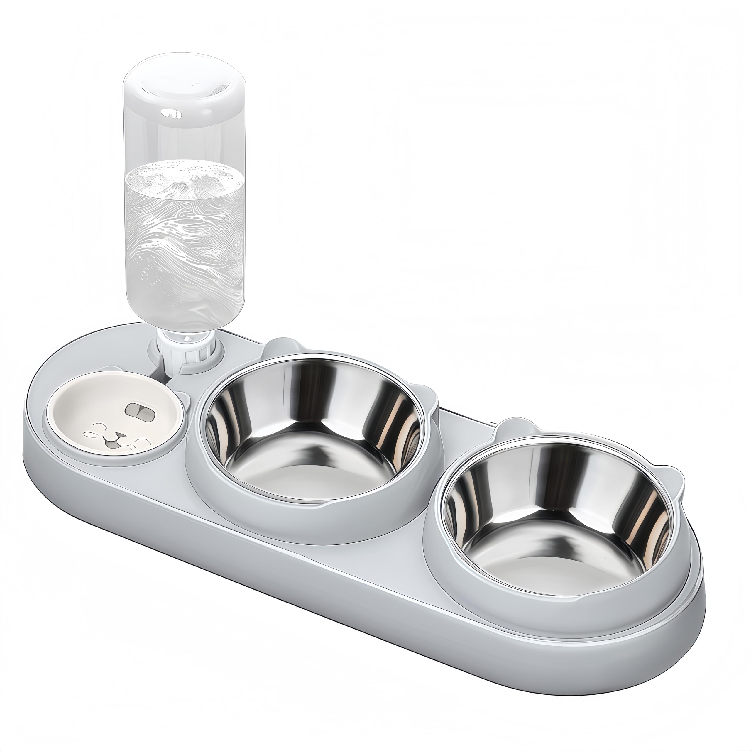Marchul 3 in 1 Cat Bowl, Cat Food and Water Bowl Set with Water Dispenser and Stainless Steel Bowls, 15 Tilted Pet Raised Three 