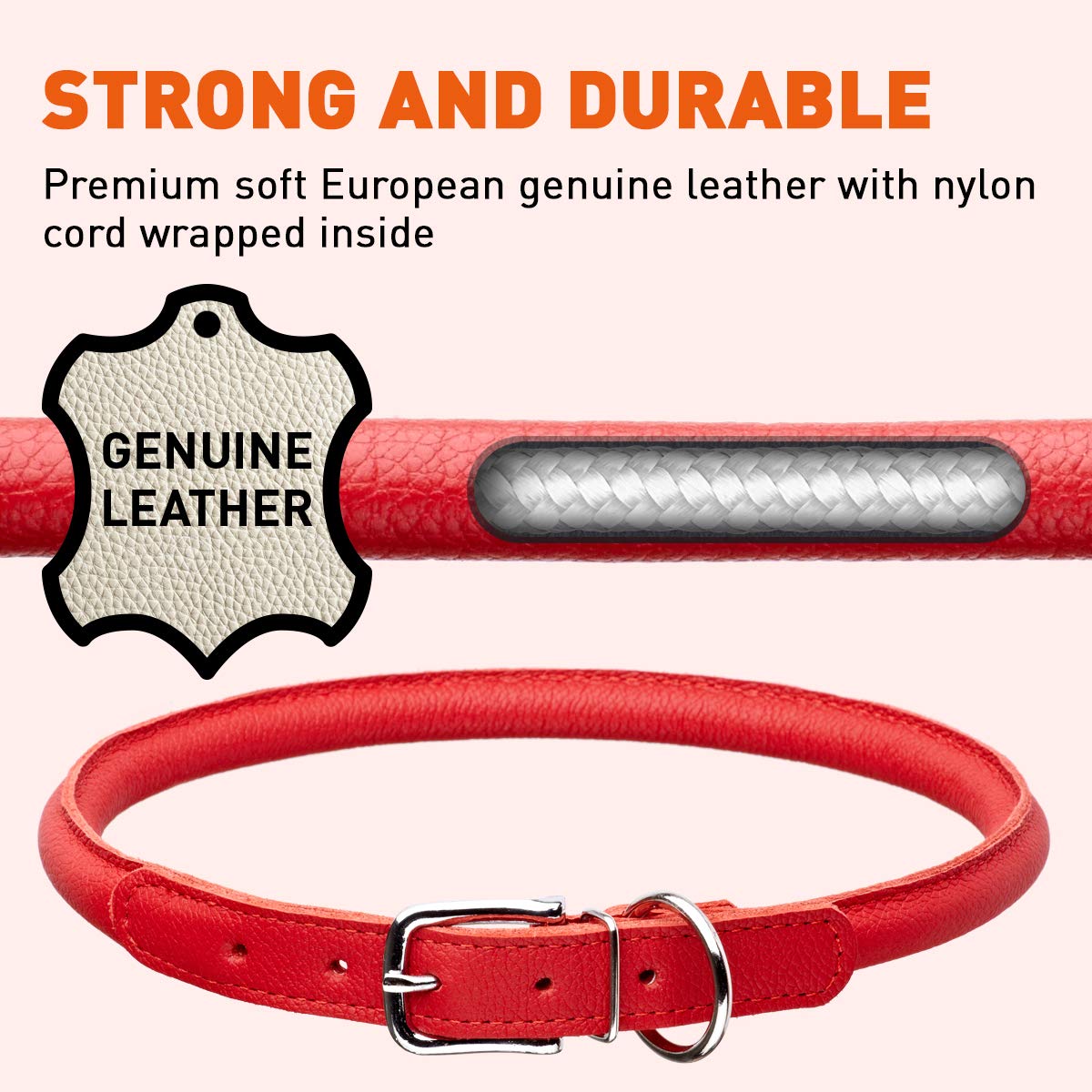 Dogline Rolled Leather Dog Collar - For Small, Medium And Large Breeds - Soft And Padded Round Luxury Design W1/2'' - L19-22, Re