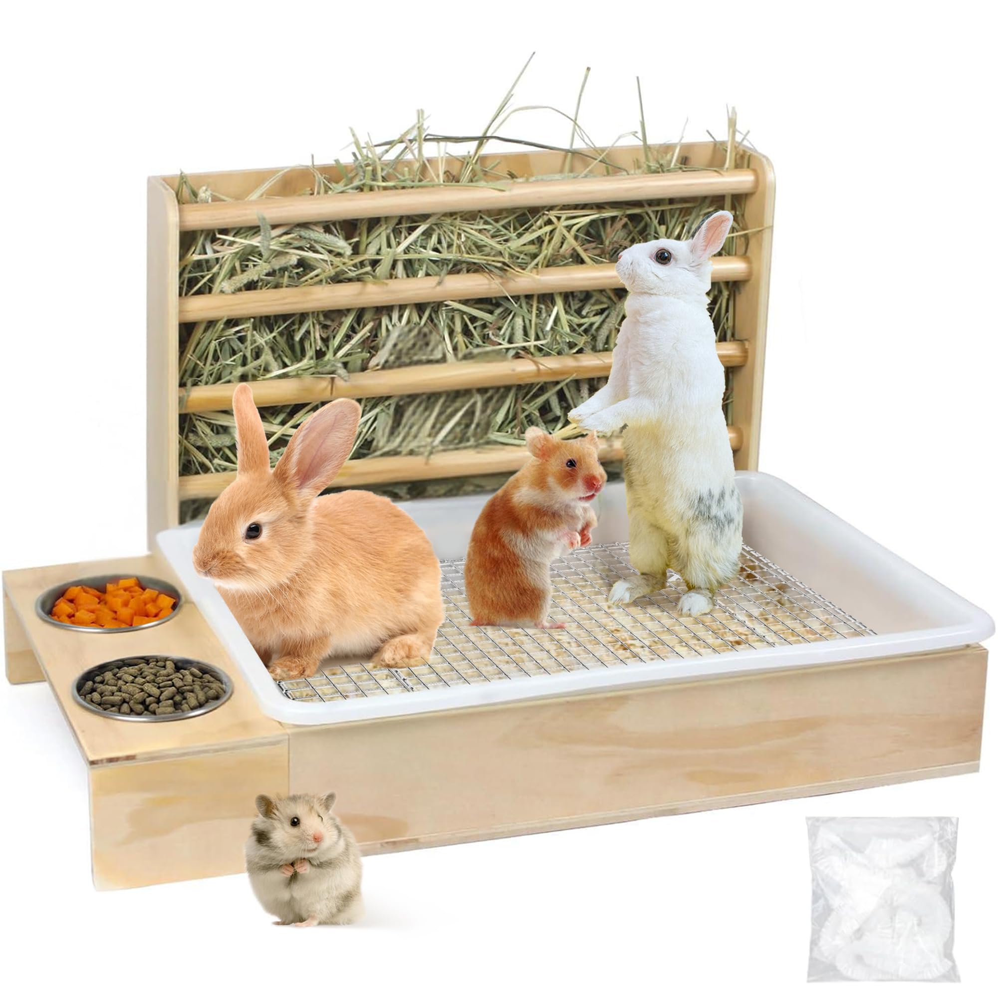 3 In 1 Rabbit Hay Feeder With Litter Box,Wooden Hay Feeder With 2 Bowls & Litter Box For Guinea Pig Chinchilla Bunny Other Small