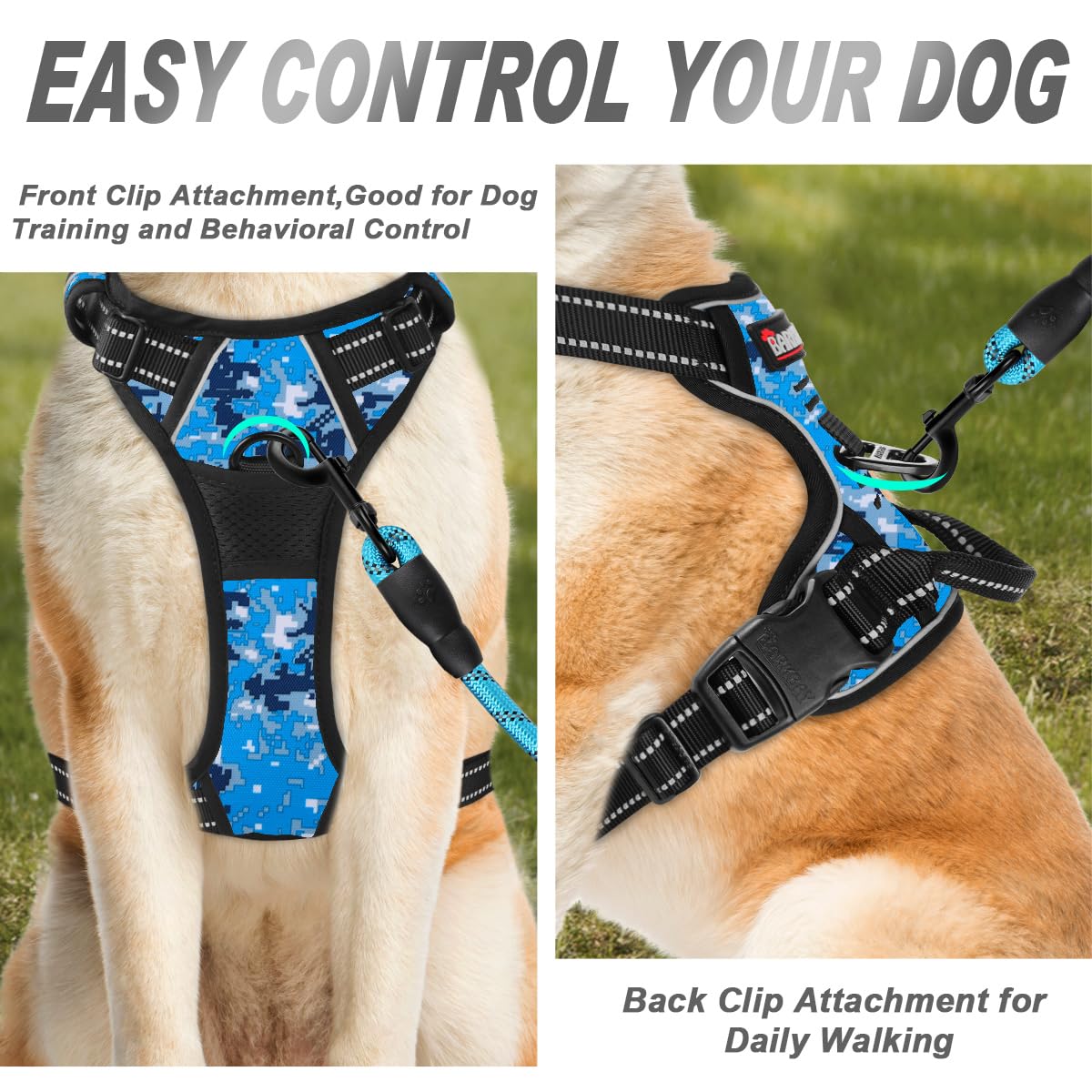 Barkbay No Pull Dog Harness Front Clip Heavy Duty Reflective Easy Control Handle For Large Dog Walking(Blue Camo,L)