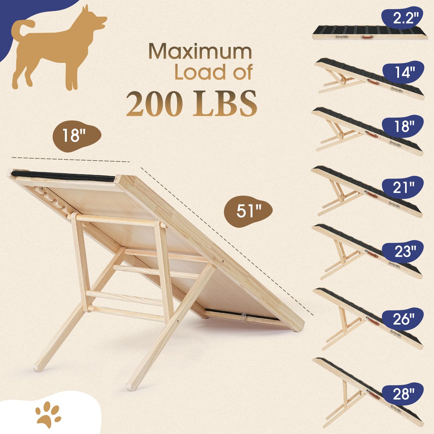 Dog Ramp For High Bed - Non-Slip, Sturdy Build Foldable Dog Ramp - 51'' Long Adjustable 14''-28'' Ramps For Small Large Dogs- Fo