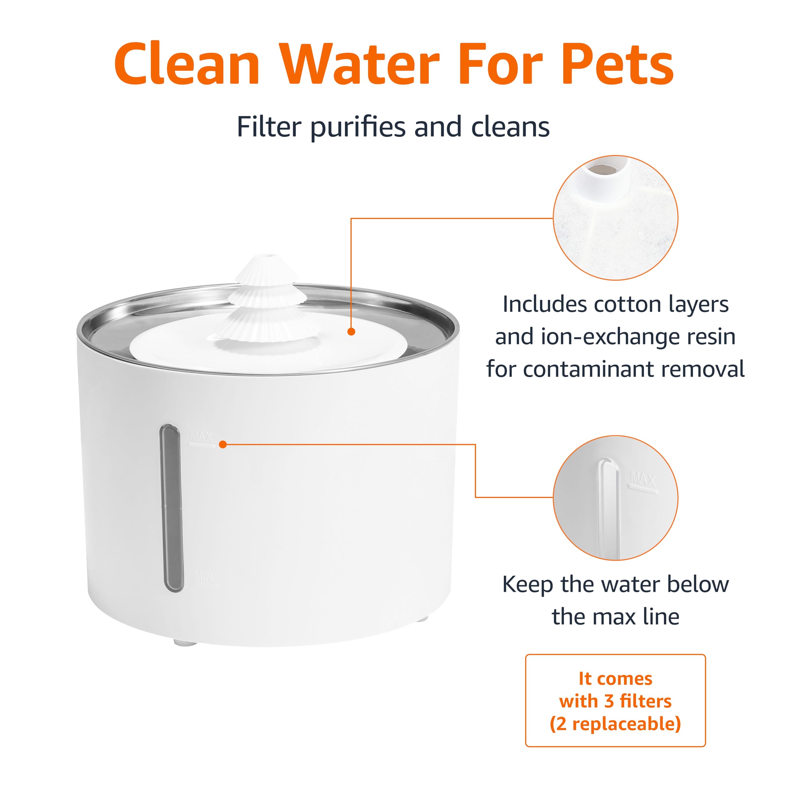 Amazon Basics Pet Water Fountain with Stainless Steel Top, 3L ,White (3 Filters included)