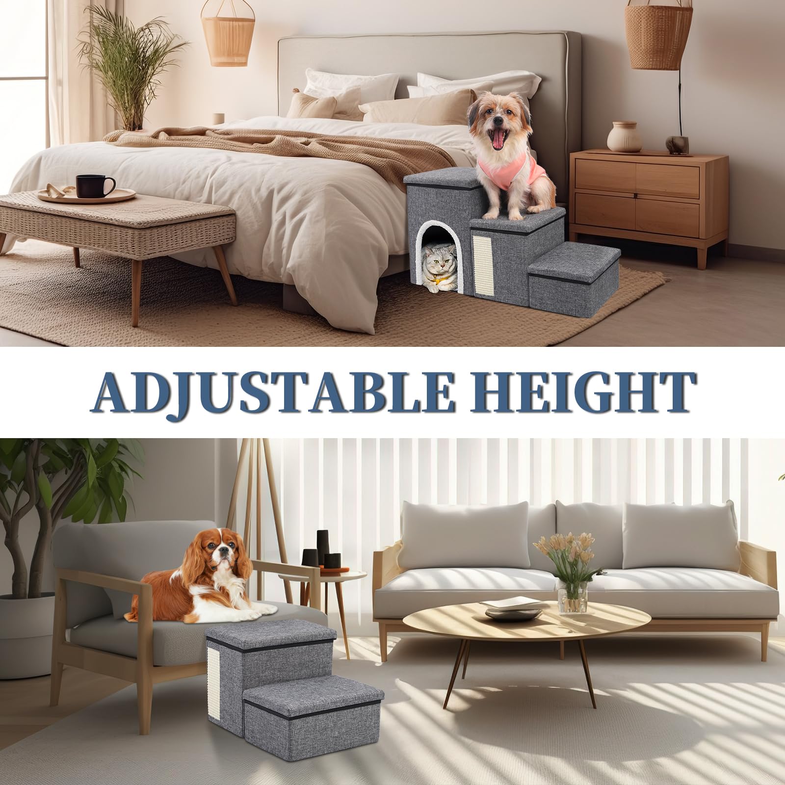 Dog Stairs For High Bed And Couch, 4 In 1 Foldable Pet Stairs For Cats & Small And Medium Dogs, Adjustable Dog Steps With Pet Cl