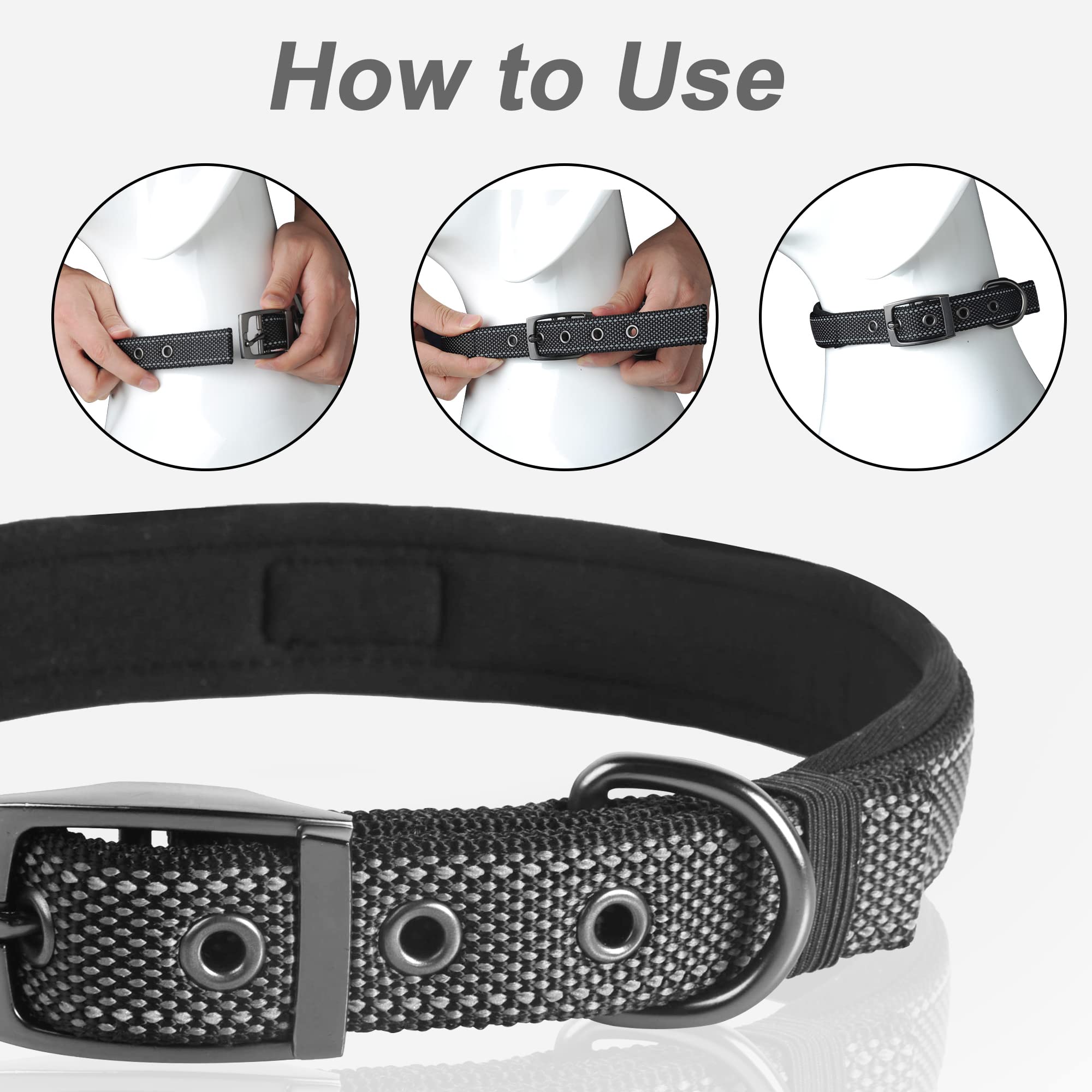 Petifine Neoprene Padded Dog Collar, Heavy Duty Comfort Dog Collar With Durable Metal Buckle, Reflective Adjustable Belt Buckle Dog Collars For Small Medium Large Dogs(19''-23'', Black