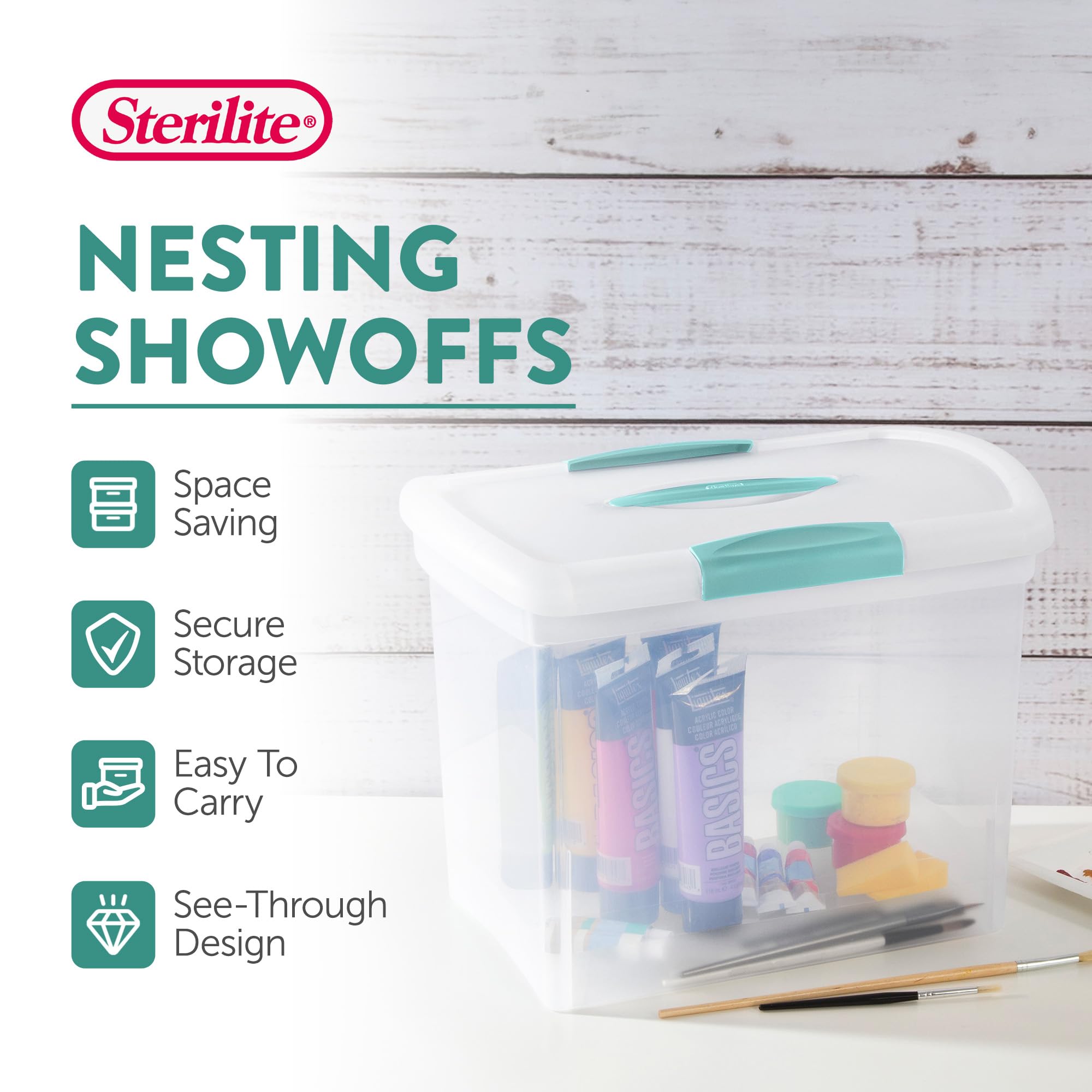 Sterilite Large Nesting ShowOffs, Stackable Small Storage Bin with Latching Lid and Handle, Plastic Container to Organize Office