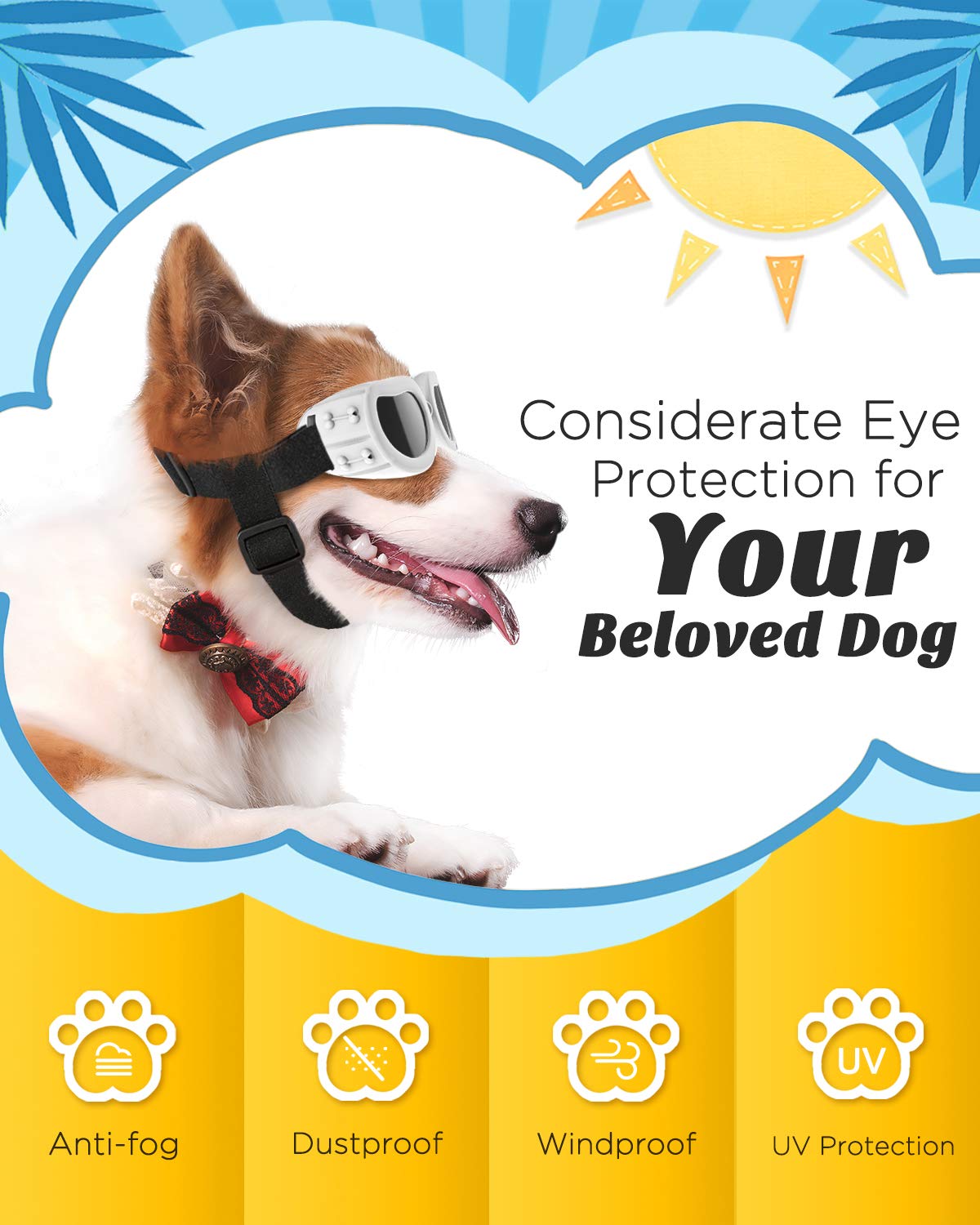 Lewondr Small Breed Dog Goggles - Uv Protection Sunglasses With Adjustable Strap, Windproof, Anti-Fog For Small Dogs, White