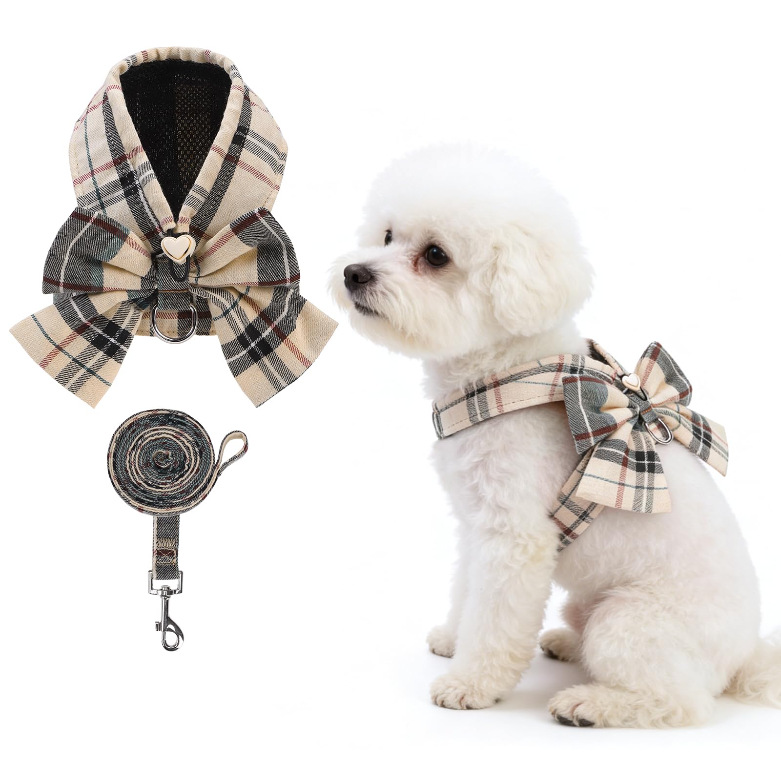 KOOLTAIL Small Dog Harness and Leash Set, Cute Puppy Vest Harnesses with Bowtie, Step in No Pull Soft Mesh Padded Adjustable Pla