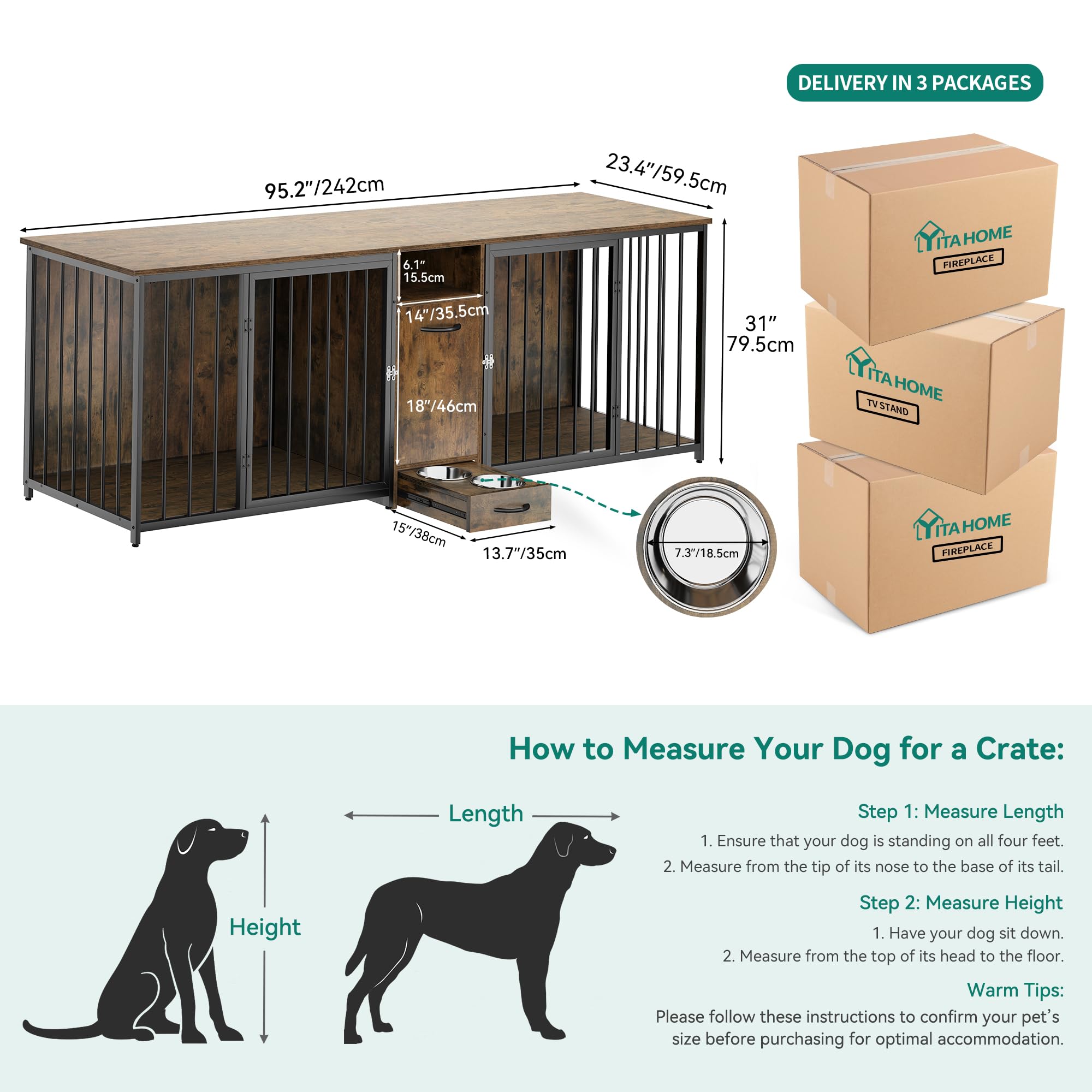 YITAHOME 94.5 Large Dog Crate Furniture with Feeder Bowls, Heavy Duty Dog Kennel with Room Divider and Drawer, Wooden Dog House