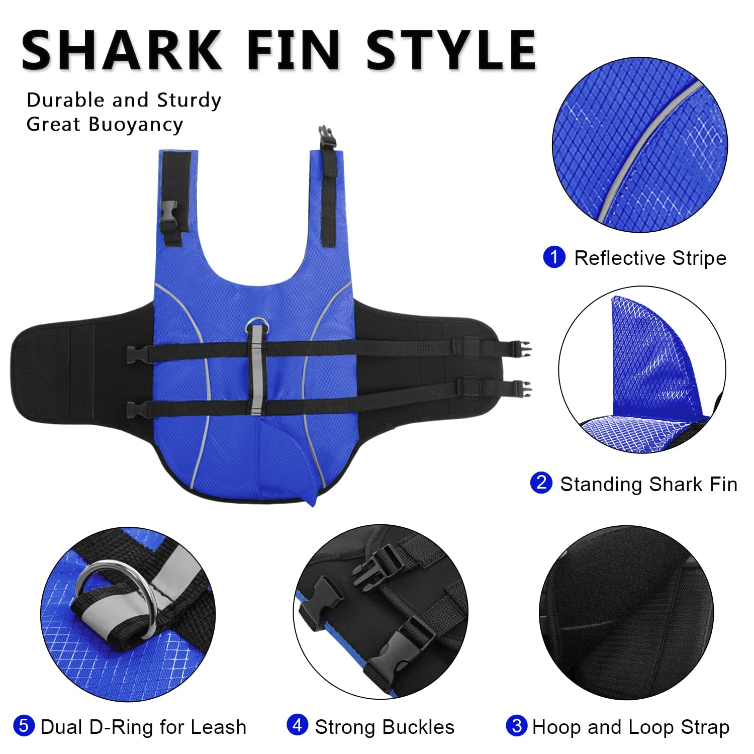 Ripstop Dog Life Jacket Shark Life Vest For Dogs, Safety Lifesaver With High Buoyancy And Lift Handle For Small And Medium Breeds(Blue L)