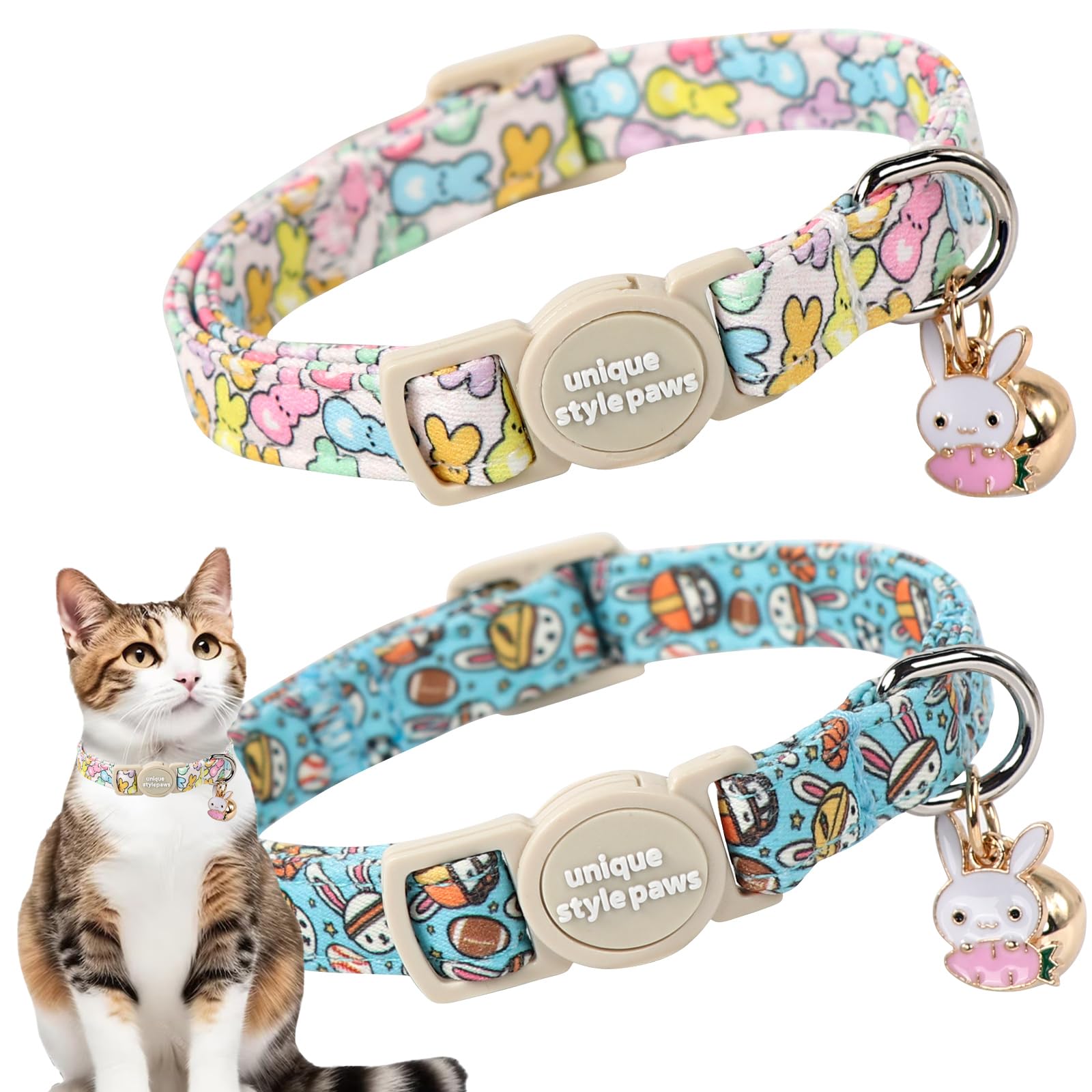 Unique Style Paws 2 Pack Easter Day Kitten Collar Breakaway With Bell&Pendant, Adjustable Safety Colorful Sports Rabbit Cat Cott