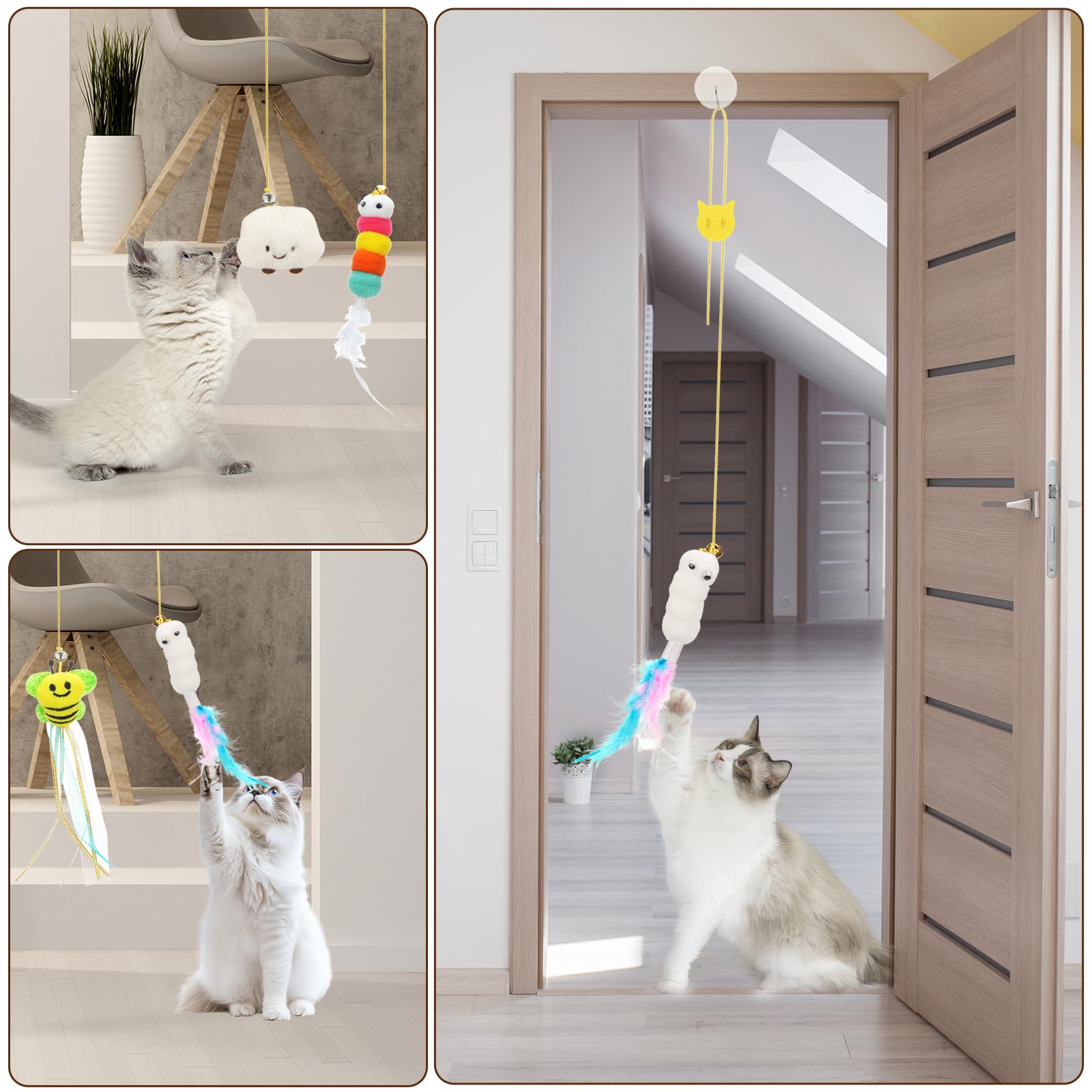 Jiaron 6 Pcs Interactive Cat Feather Toys, Indoor Hanging Retractable Cat Toy, Self Play Toys Make Fun Excecise