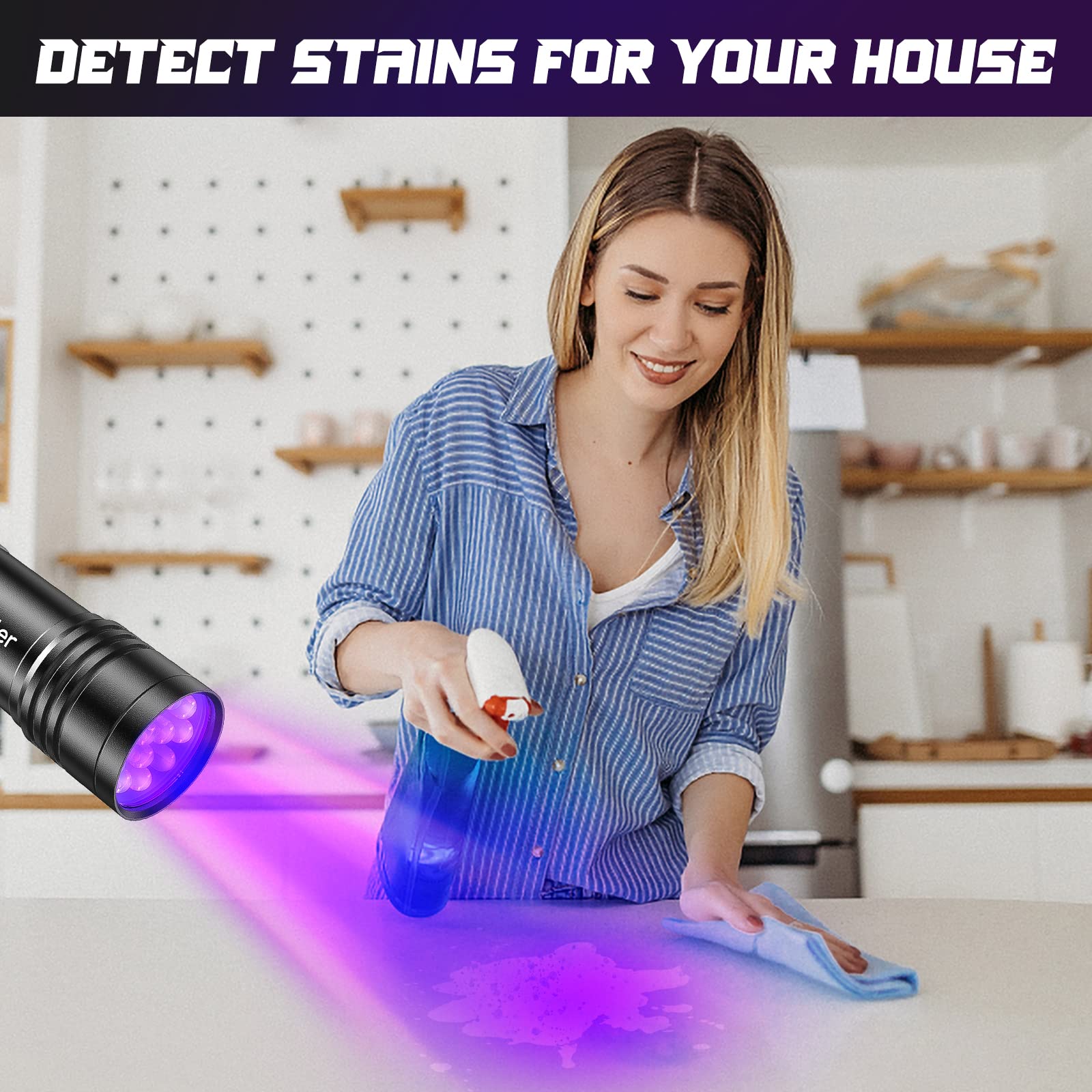 Kizplays Uv Flashlights, 2 Pack Black Light Flashlights With 12 Led And 395 Nm Black Light For Pet Urine And House Stains Detecting, 6 Aaa Batteries Included