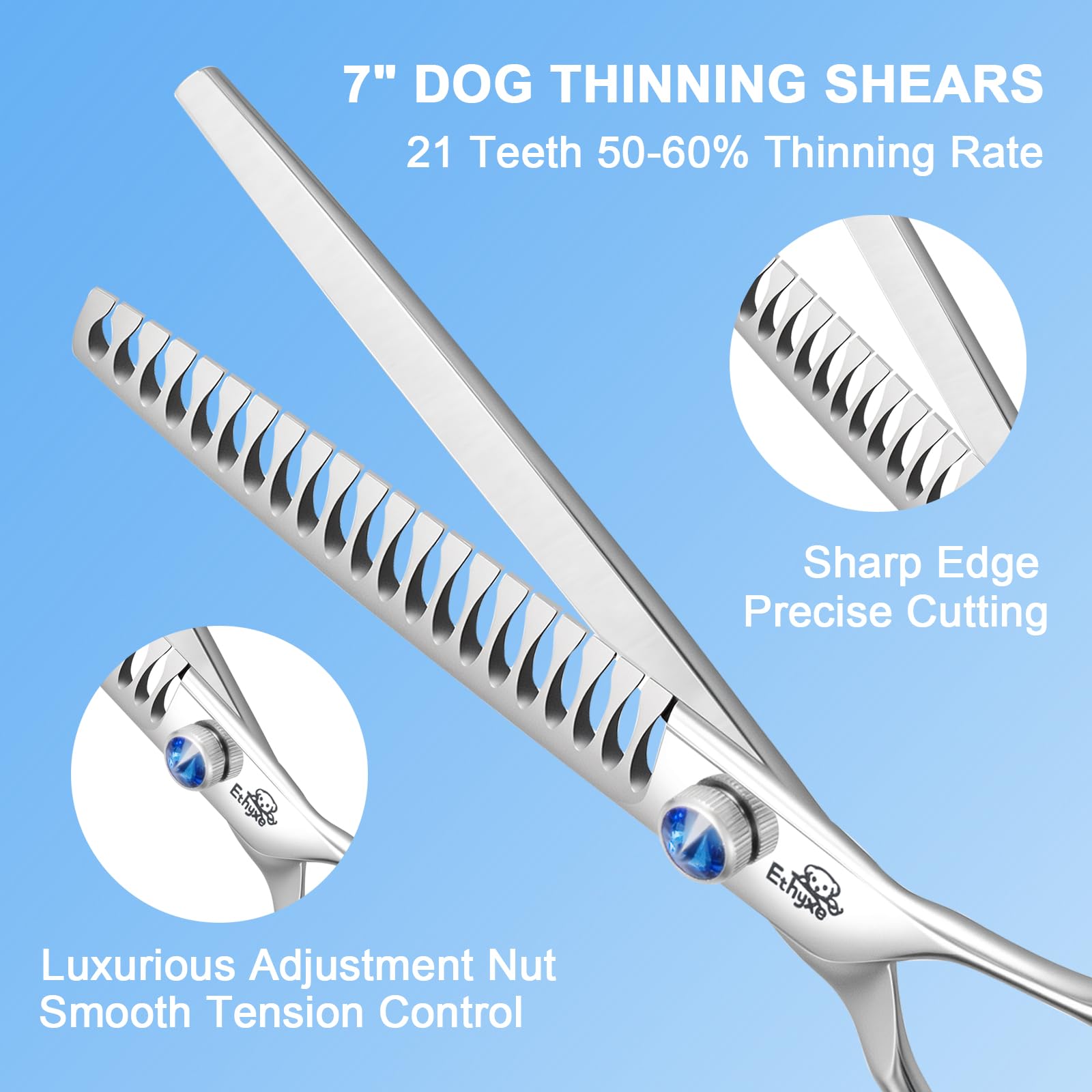 Ethyxe 7' 21-Teeth Chunkers Dog Grooming Scissors, Professional Texturizing Blending Thinning Shears Pets Hair Trimming Kit Wit